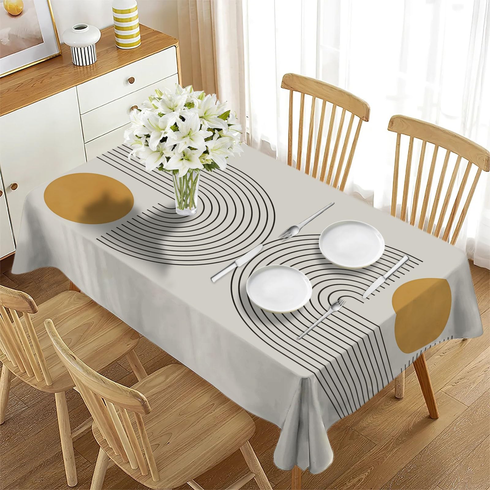 Nappe De Table 2Pcs Rectangulaire Lignes géométriques 140x220 cm Nappes Antitache Nappe Epais Facile à Nettoyer Essuyable RéSistante Et Lavable pour La Cuisine, Anniversaire Et Salon - Couleur Claire