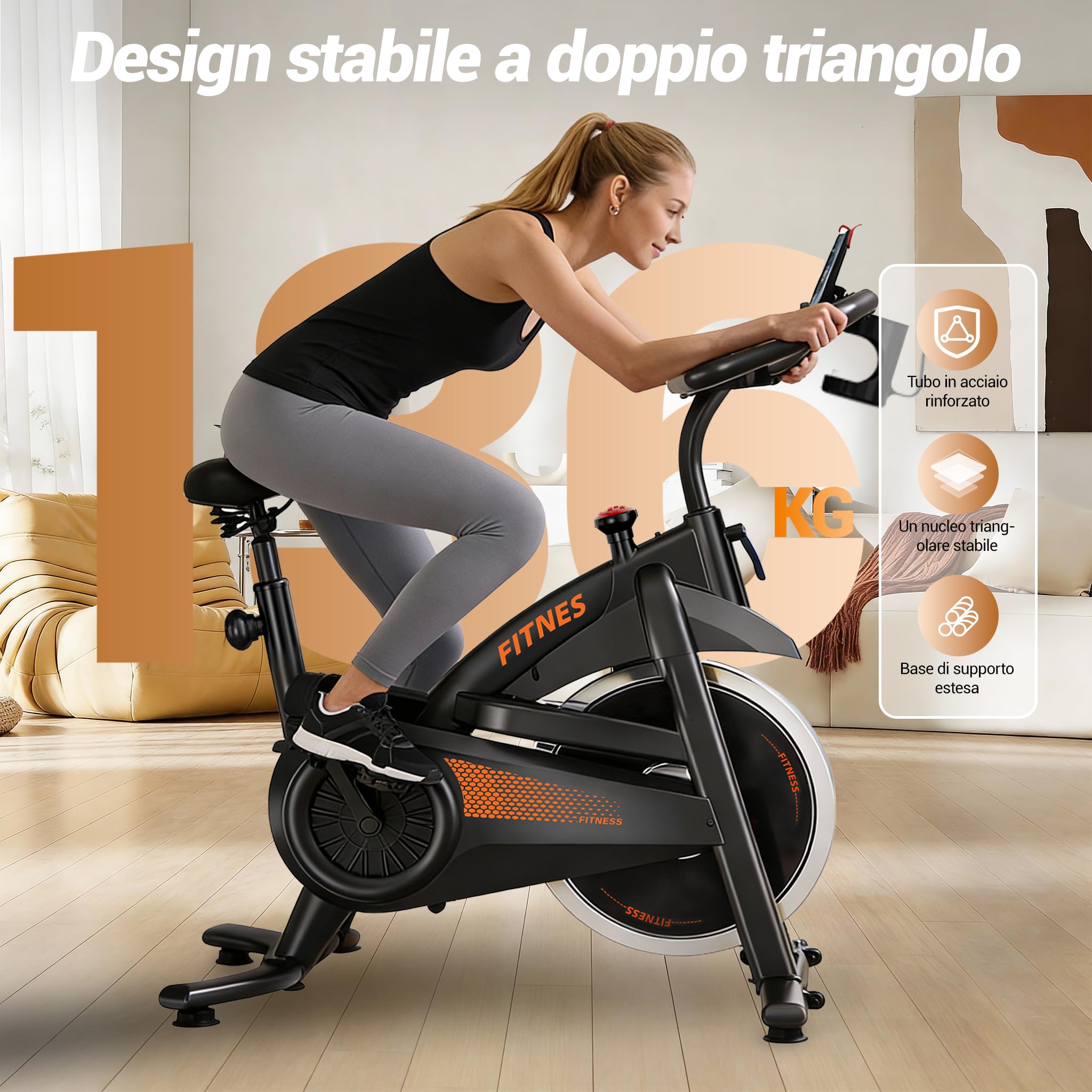 LONTEK FITNESS Cyclette da casa professionale, Cyclette professionale | con misurazione della frequenza cardiaca e display LED, Spin bike con app, capacità di carico fino a 136 kg