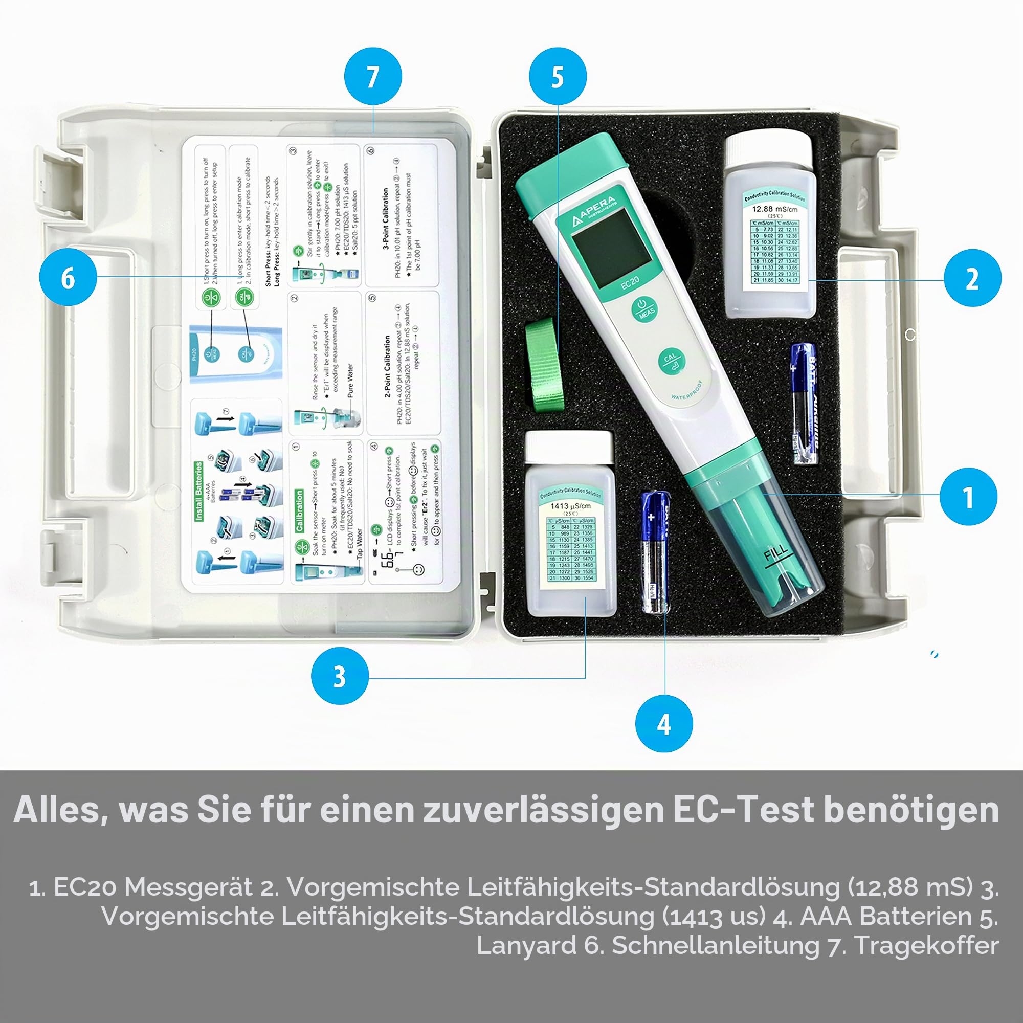 Apera Instruments EC20 EC-Meter, Leitfähigkeitsmessgerät im Taschenformat & PH20 pH-Meter, Messgerät im Taschenformat Set inkl. Kalibrierlösungen