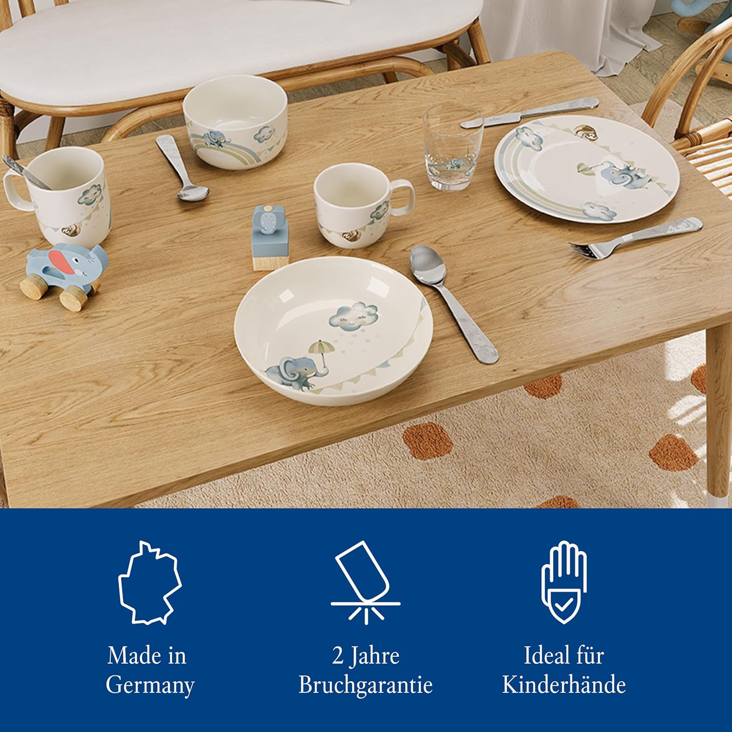 Villeroy & Boch Boho Kids Walk Like An Elephant Children's Plate, Blue, Dishwasher Safe, Microwave Safe, Dinner Plate, Children's Plate, Ceramic, Animal Motif, Elephant and Sloth, Premium Porcelain