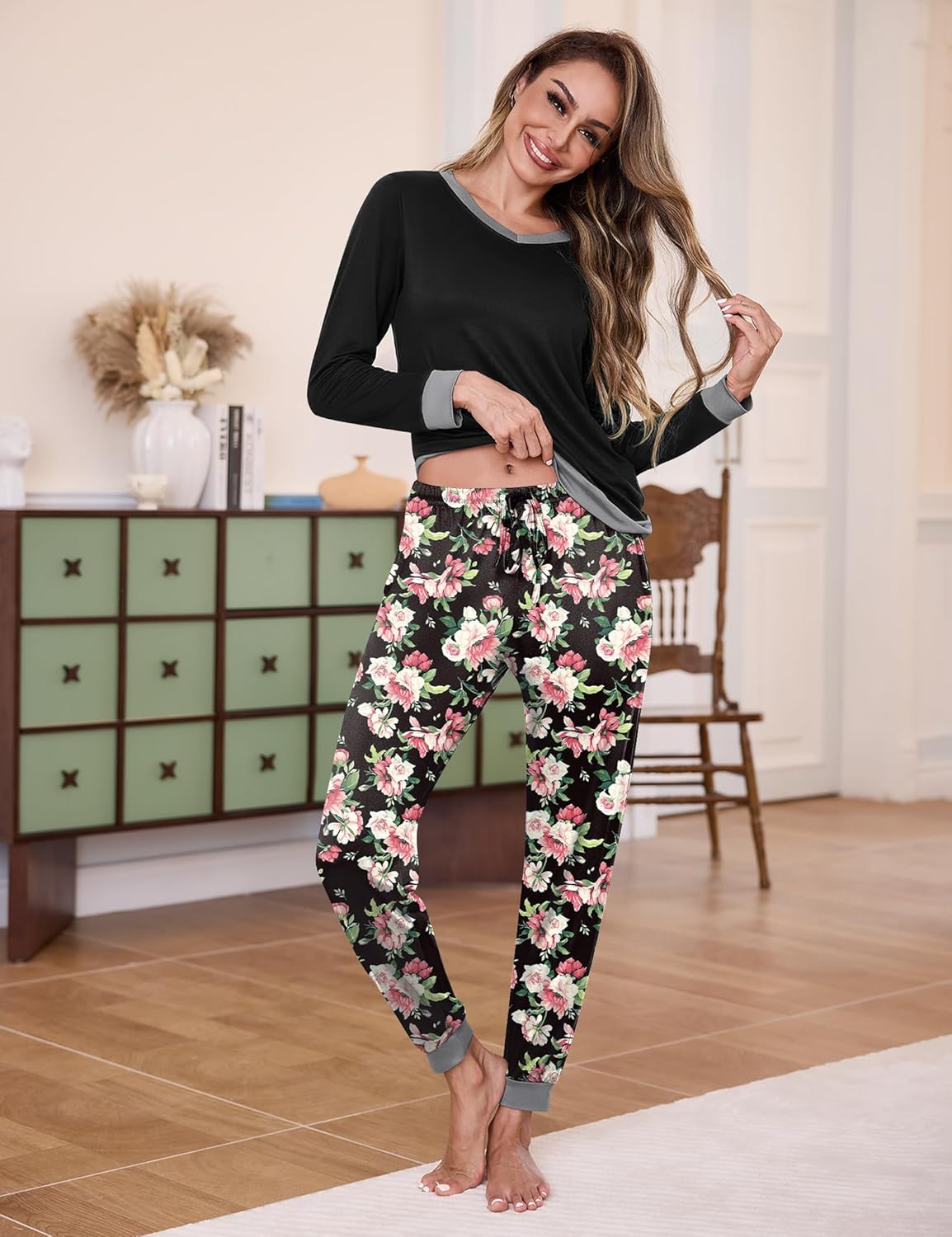 2 Pack Womens Pajama Sets Long Sleeve Sleepwear Matching Pjs Set V Neck Loungewear with Pockets S-XXL - Image 3