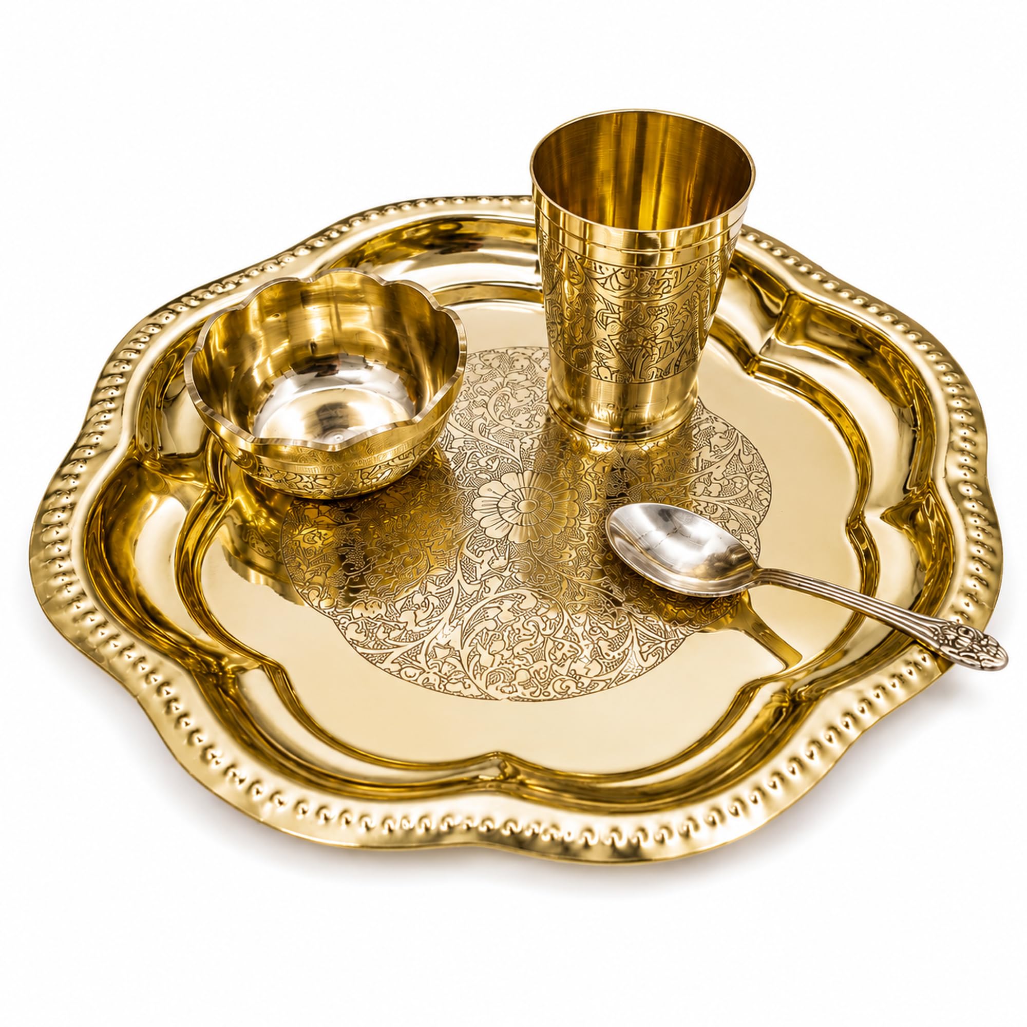 Aanaya Homecraft Pure Brass Baby Thali Set for Kids & Laddu Gopal | 4-Piece Traditional Serving Set with Plate, Bowl, Glass and Spoon | Gold Finish-image-16