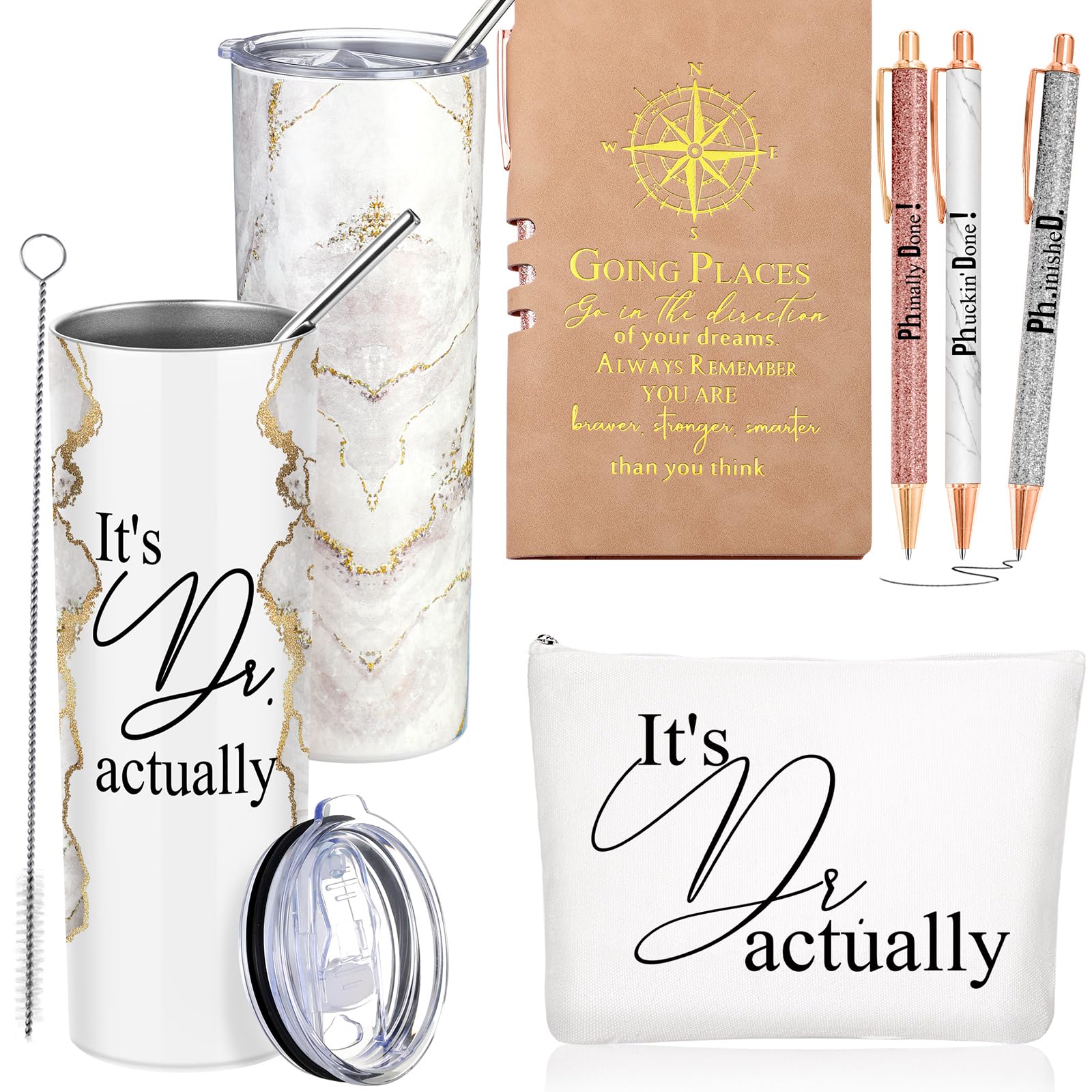 Domensi 6 Pcs It's Dr Actually Med School Gifts for Phd Doctorate Degree Physician White Coat Ceremony Gifts for Women Men 20oz Marble Tumbler Makeup Bag Journal Ballpoint Pen, Khaki