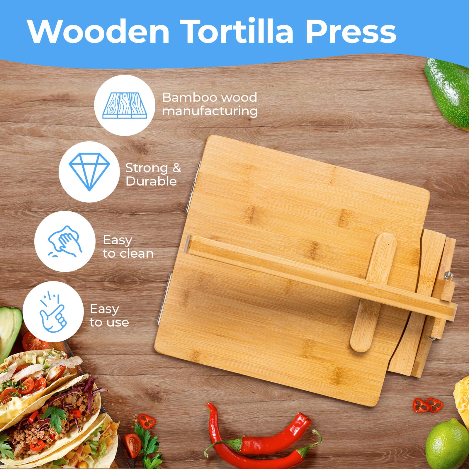 Prensa de tortilla de madera mejorada 2025 de 10 pulgadas, grande, con rodillo y 50 piezas de papel pergamino, para tortilla casera, roti, chapati, taco, pataconera, burritos