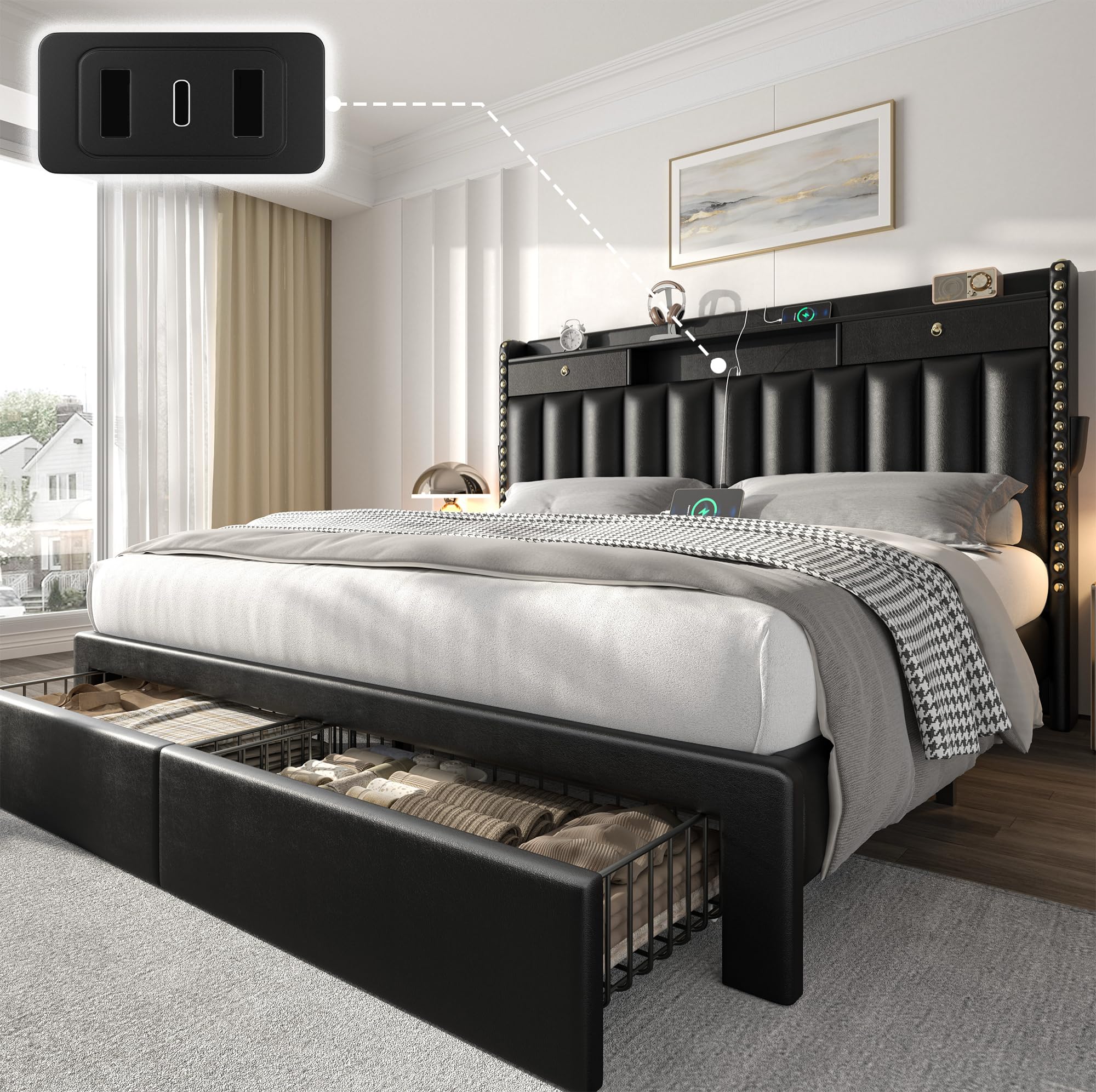 CypBed Queen Bed Frame with 2-Tier Storage Headboard & 4 Storage Drawers