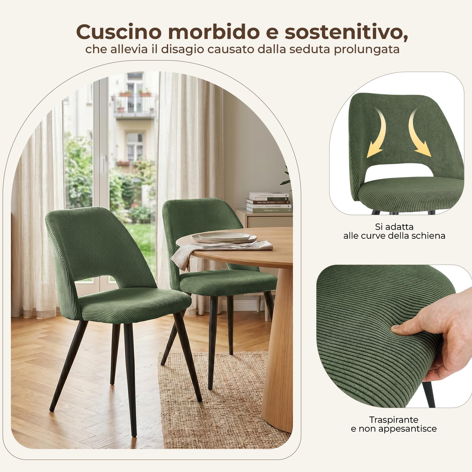 Set di 6 Sedie da Pranzo,Sedia da Cucina In Velluto a Righe, Sedia Imbottita Con Gambe Indipendenti,Sedia da Salotto Verde,Per Sala da Pranzo,Soggiorno,Cucina,Camera