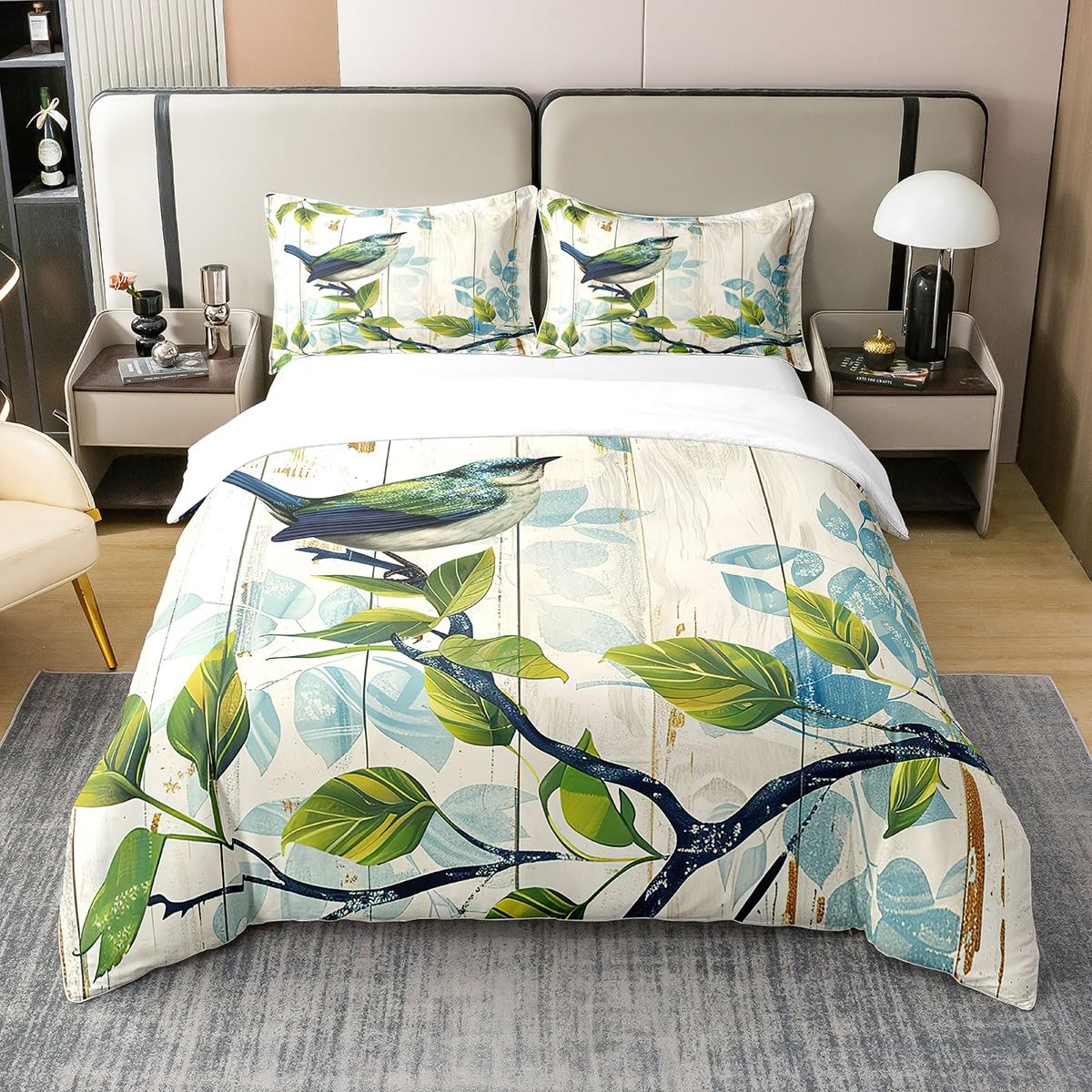 Homewish 100% Cotton Sparrow Duvet Cover Single,Birds on the Branch Bedding Set for Kids Teens,Rustic Farmhouse Wooden Board Barn Quilt Cover,Tropical Botanical Leaves Comforter Cover,Green Beige