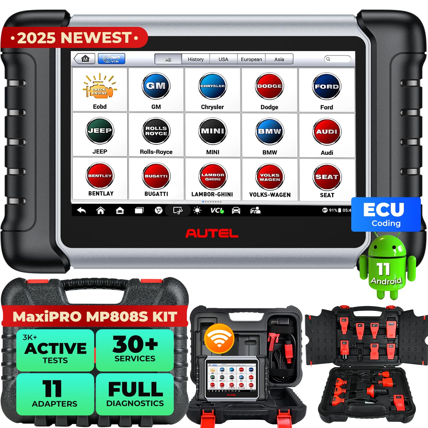 Autel Scanner MaxiPRO MP808S KIT, 2025 V3.0 Bidirectional Scan Tool, 2-Yr Update, ECU Coding as MaxiSYS MS906 PRO/ MS906 MAX/ MP900BT, 3K+ Tests, 30+ Resets, 11 OBD Adapter, Up of MK808S MX808S DS808
