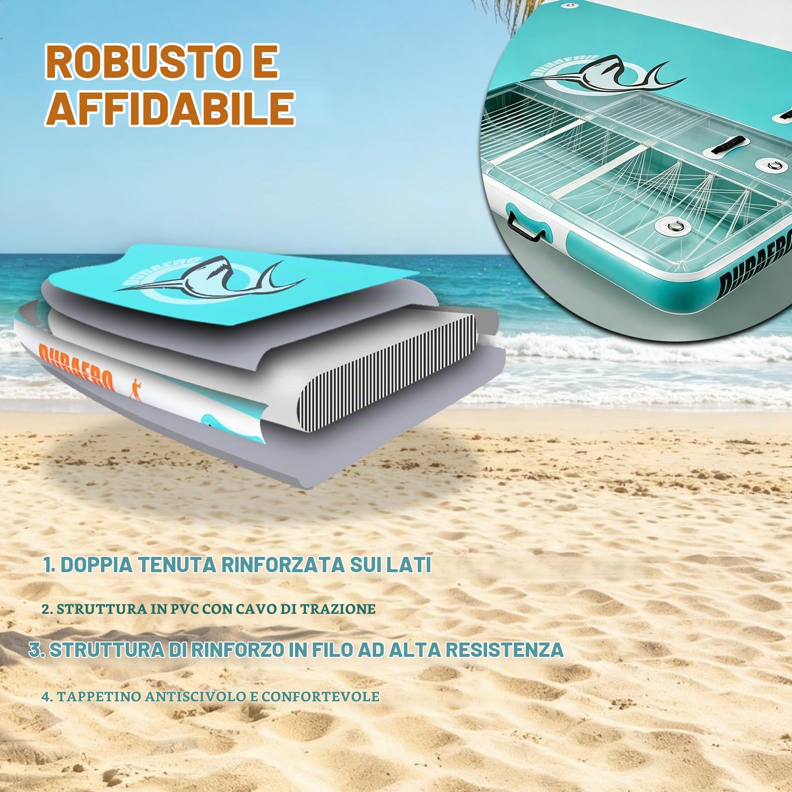 DURAERO Piattaforma Galleggiante Gonfiabile 240 x 180 x 15 cm, Pontile Galleggiante PVC Drop-Stitch per Barca, Lago e Piscina, fino a 4 Persone, con Scala, Pompa e Kit Riparazione