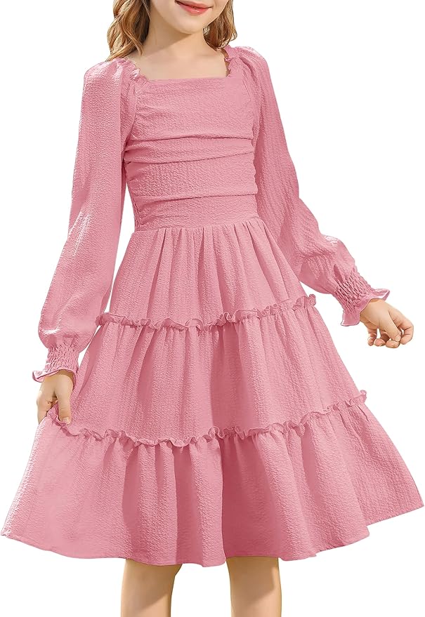 HOZIY Girls Long Sleeve Dress Ruched Smocked Tiered Ruffle A-Line Casual Boho Teen Dresses with Pocket Size 6-16 Years