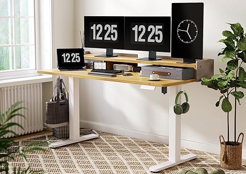 Miniatura 6 de INNOVAR Escritorio de pie con cajones, escritorio de bambú de 55 x 24 pulgadas con estante de almacenamiento, escritorio eléctrico para oficina en