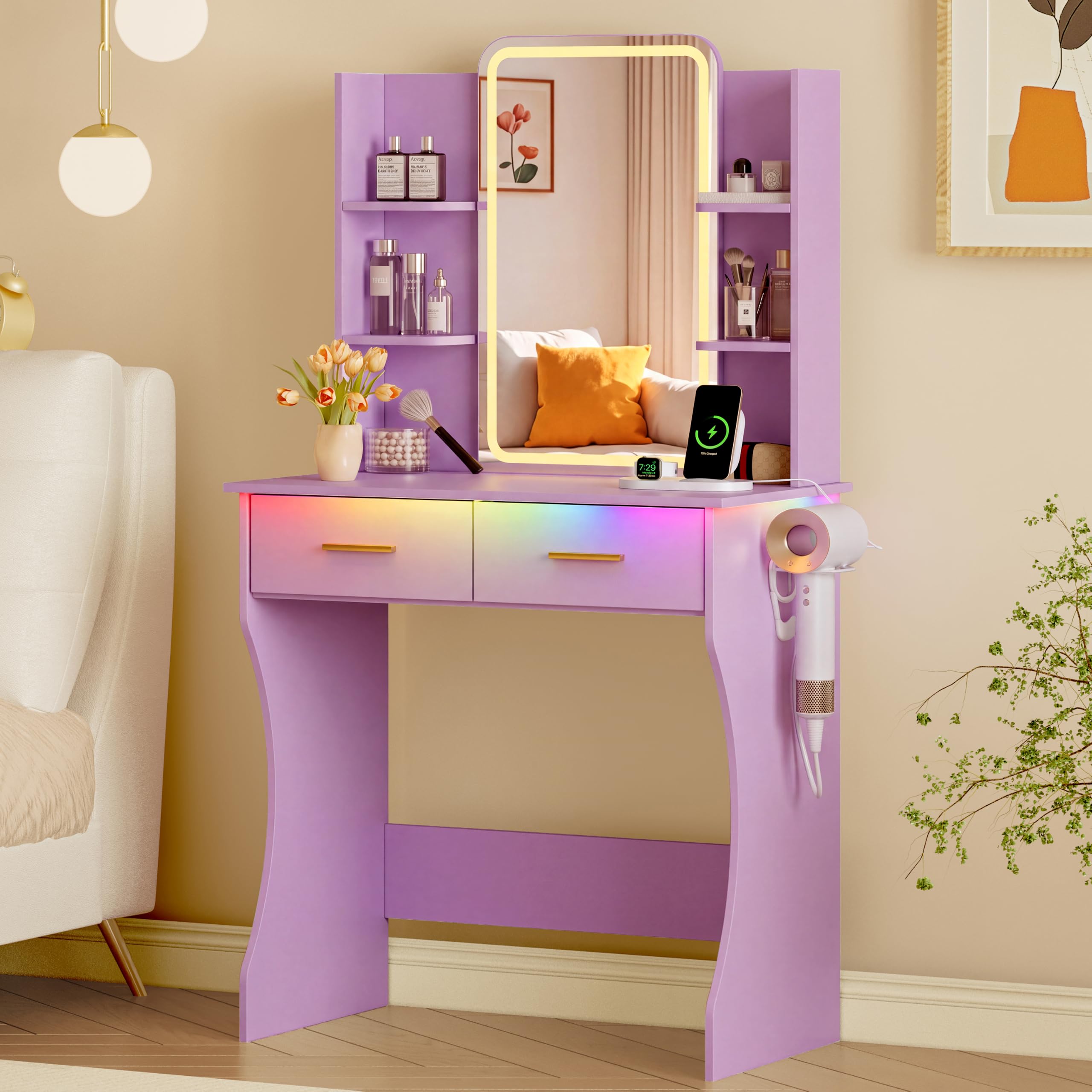 Xixini Vanity Desk with LED Lights Mirror &amp; Power Outlet, Small Makeup Vanity Table Set with Storage Drawers, 3 Lighting Modes &amp; Adjustable Brightness, Dressing Table for Women Girls Bedroom, Purple