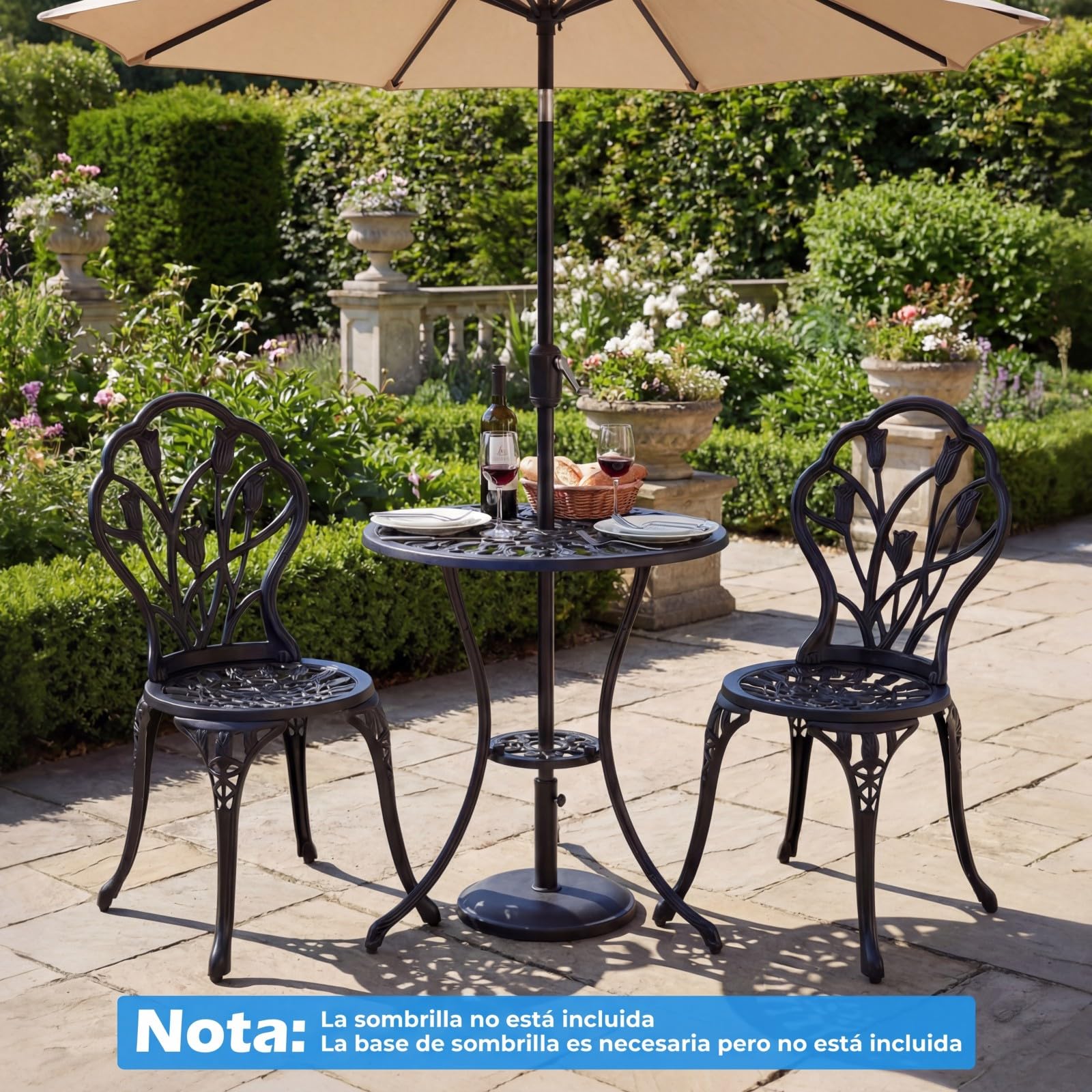 COSTWAY Conjunto Jardin Exterior de 3 Piezas, Aluminio Fundido, Mesa y 2 Sillas Jardin con Orificio para Sombrilla, Set de Bistro Balcon Terraza Espacios Pequeños, Diseño de Tulipán, Vintage