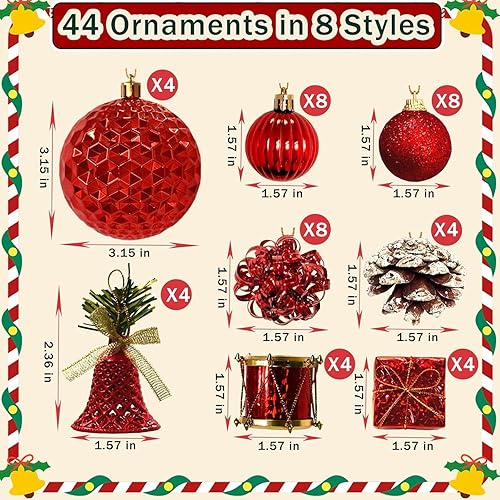 Miniatura 3 de Juego de 44 adornos para árbol de Navidad, bolas de plástico inastillables para decoración navideña en 8 estilos y 2 tamaños, surtido de decoración