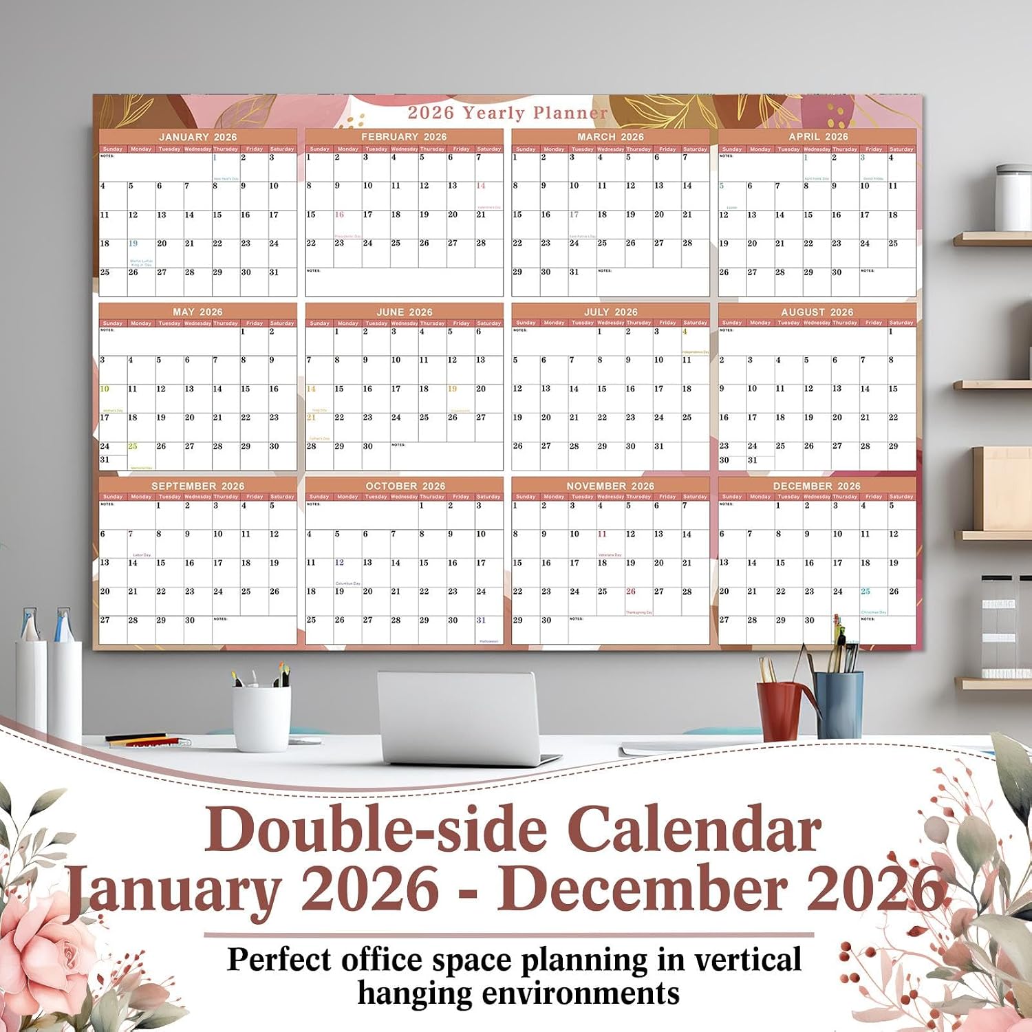 2026 Wall Calendar 32" x 48" Dry Erase Erasable Jumbo XL Wet Dry Calendar Large Laminated Planner 12 Month Horizontal Vertical from January to December for Planning(Boho)