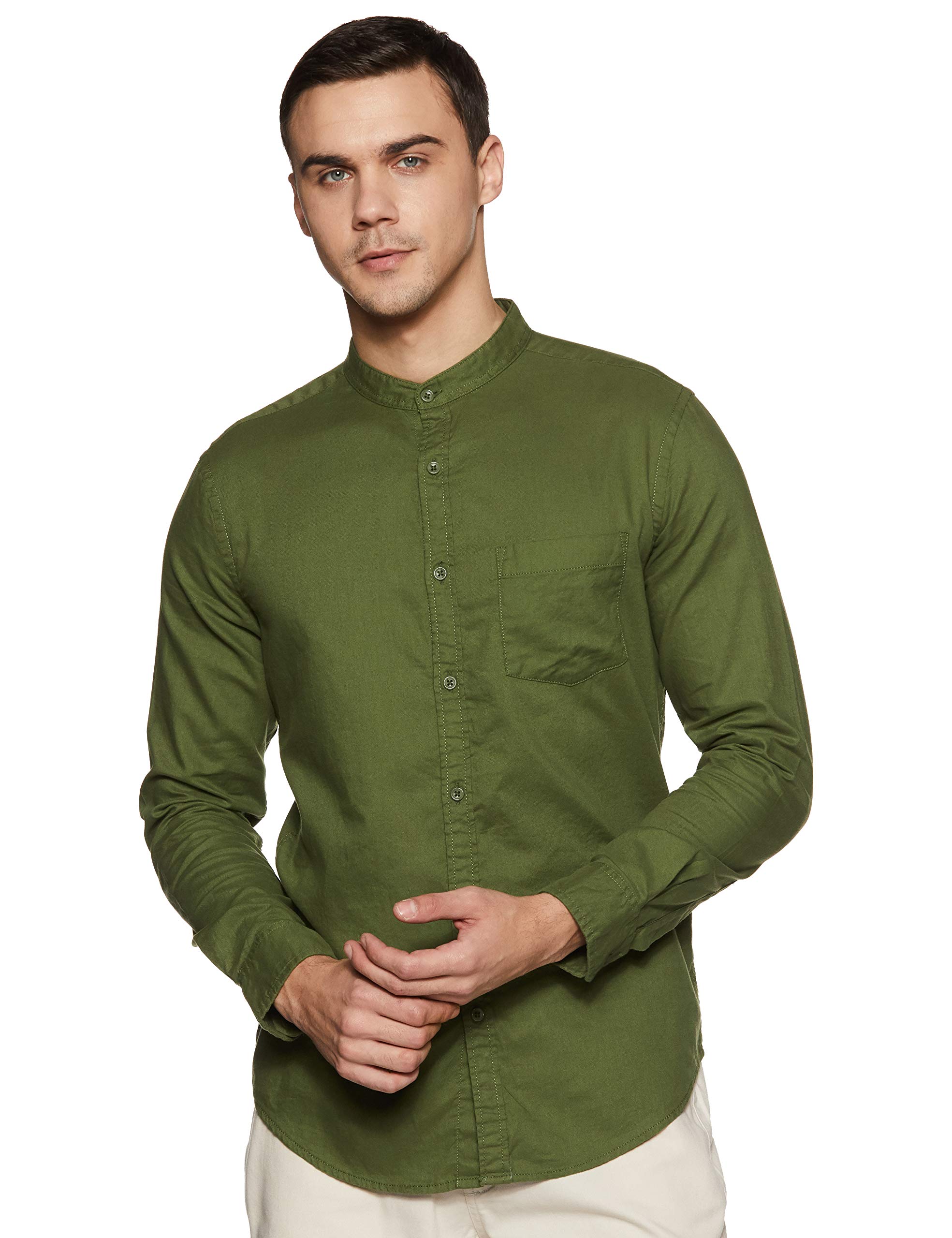 Amazon Brand - Symbol Men's Solid Cotton Shirt | Chinese Collar | Casual | Plain | Full Sleeve | Summer-Regular Fit (Available in Plus Size)