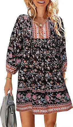TEMOFON Women's Boho Mini Dress: Summer Floral 3/4 Long Sleeve V Neck Flowy Loose Casual Beach Dresses