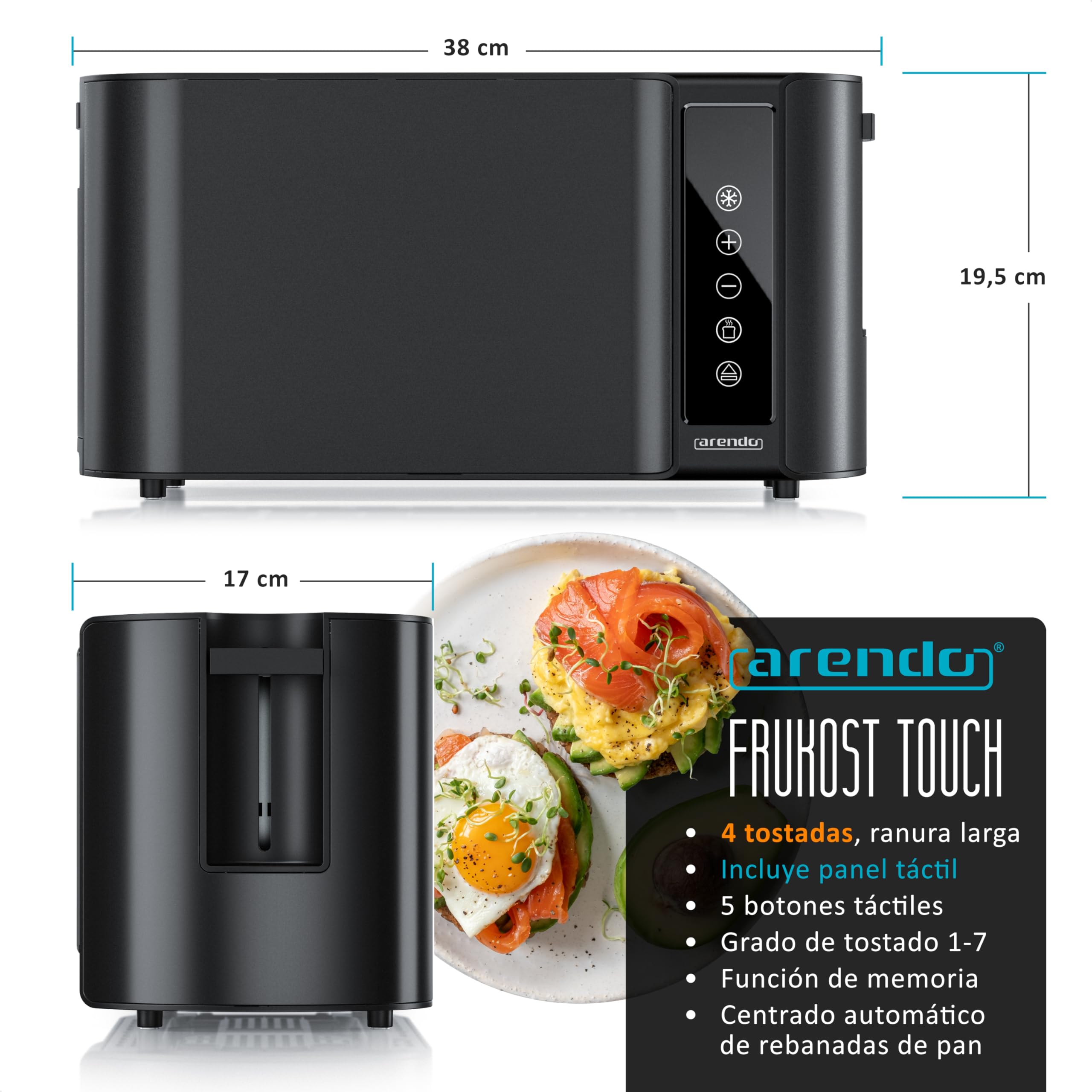 Arendo Tostadora de 2 Ranuras Largas para 4 Rebanadas, 1500 W, pantalla táctil, doble carcasa, soporte para bollería, 7 niveles de tostado, centrado y pantalla de tiempo restante, función memoria