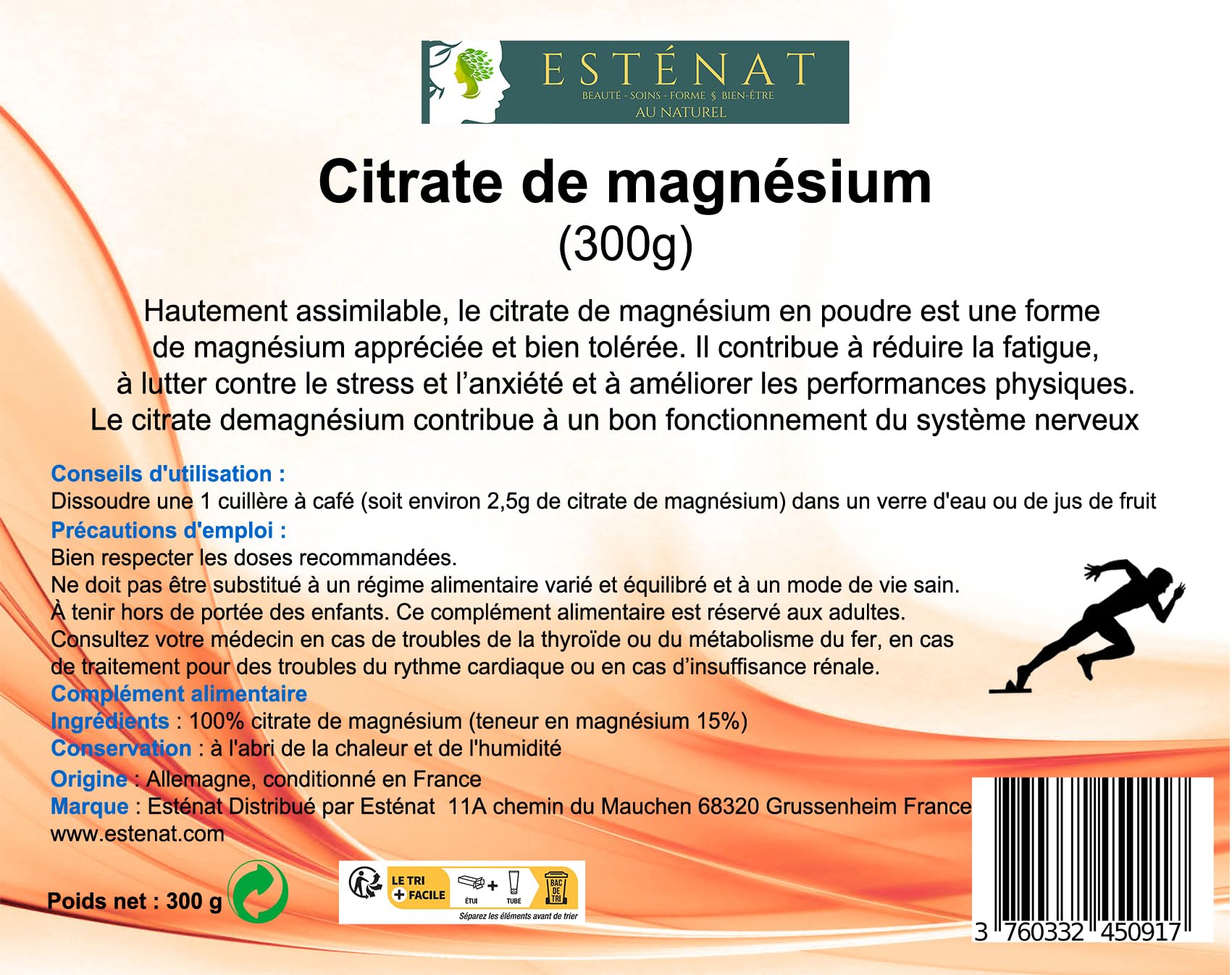 Citrate De Magnésium Pur En Poudre 300g ESTENAT - Complément Alimentaire - Fabriqué En France