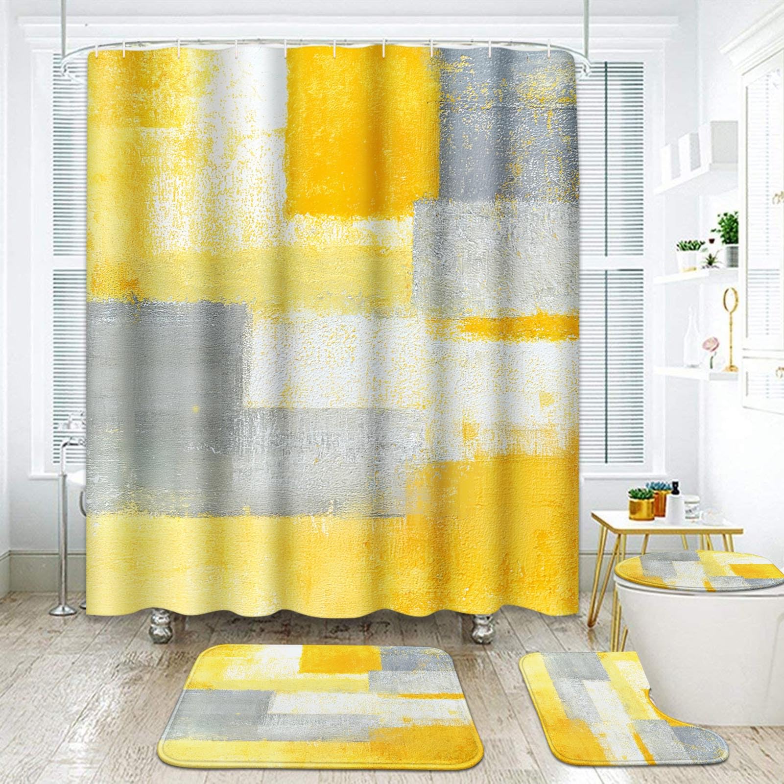 Set de baño ArtSocket de 4 piezas con estampado abstracto amarillo y gris vintage