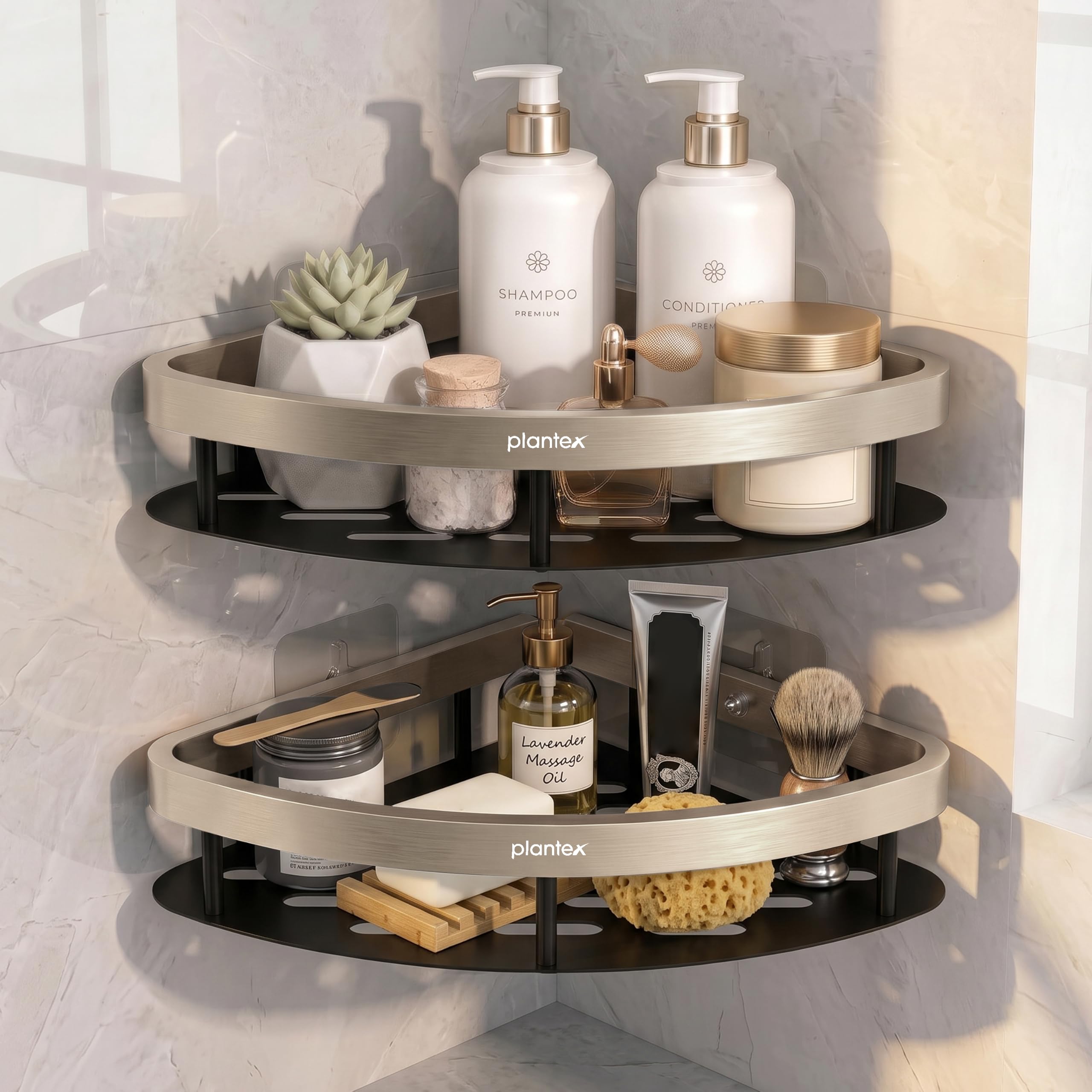 Plantex Self Adhesive Corner Shelf for Bathroom Wall/Aluminium & Stainless Steel Corner Rack/Storage Organizer/Bathroom Accessories Set- Pack of 2 (8 x 8 inch, Satin & Black)-picture-22