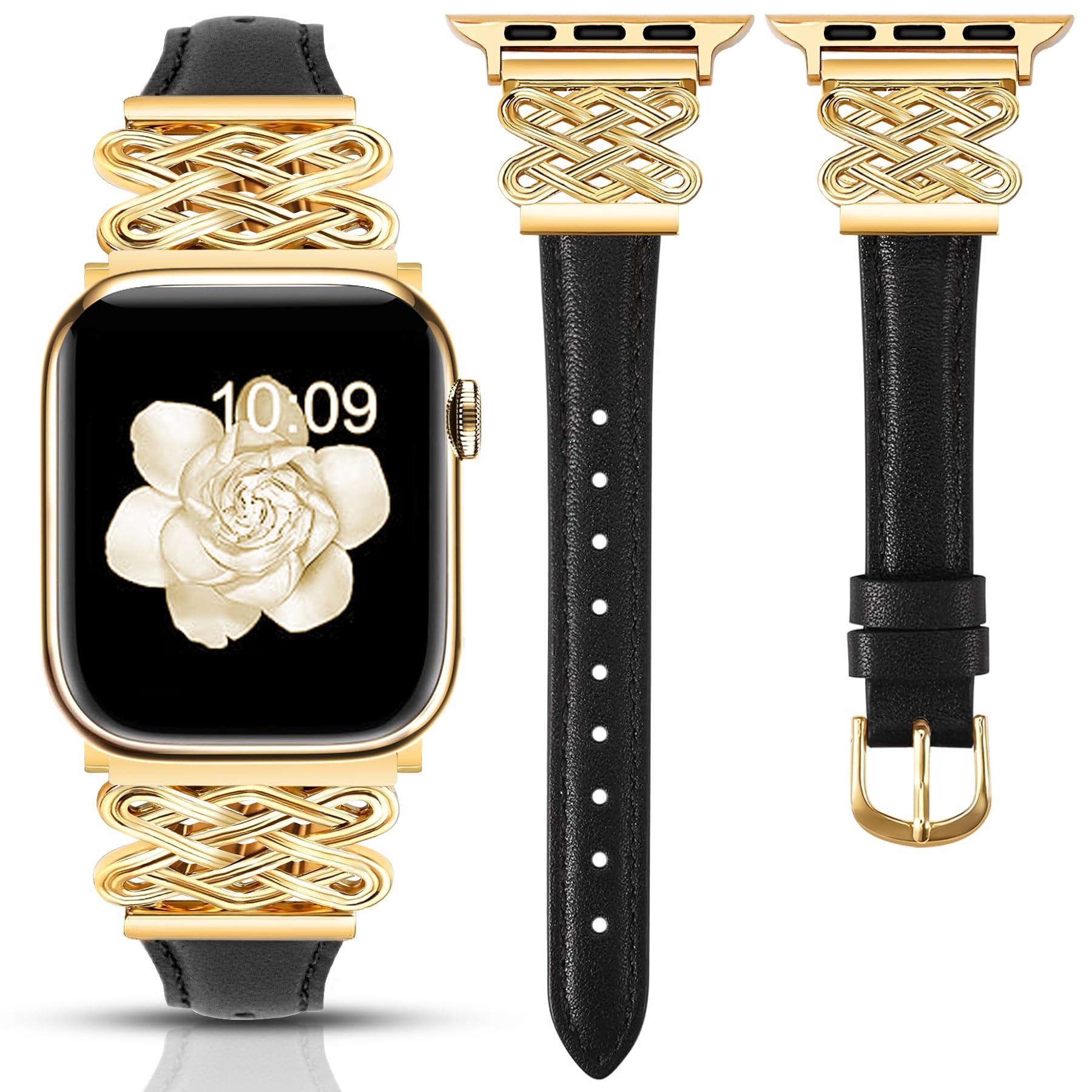 Newlibery Leather Band for Women Slim Dressy Bands Compatible with Apple Watch 38mm 40mm 41mm 42mm 44mm 45mm 49mm, Designer Interlock Buckle Strap for iWatch Series 10/9/8/7/6/5/4/3/2/1/SE/Ultra