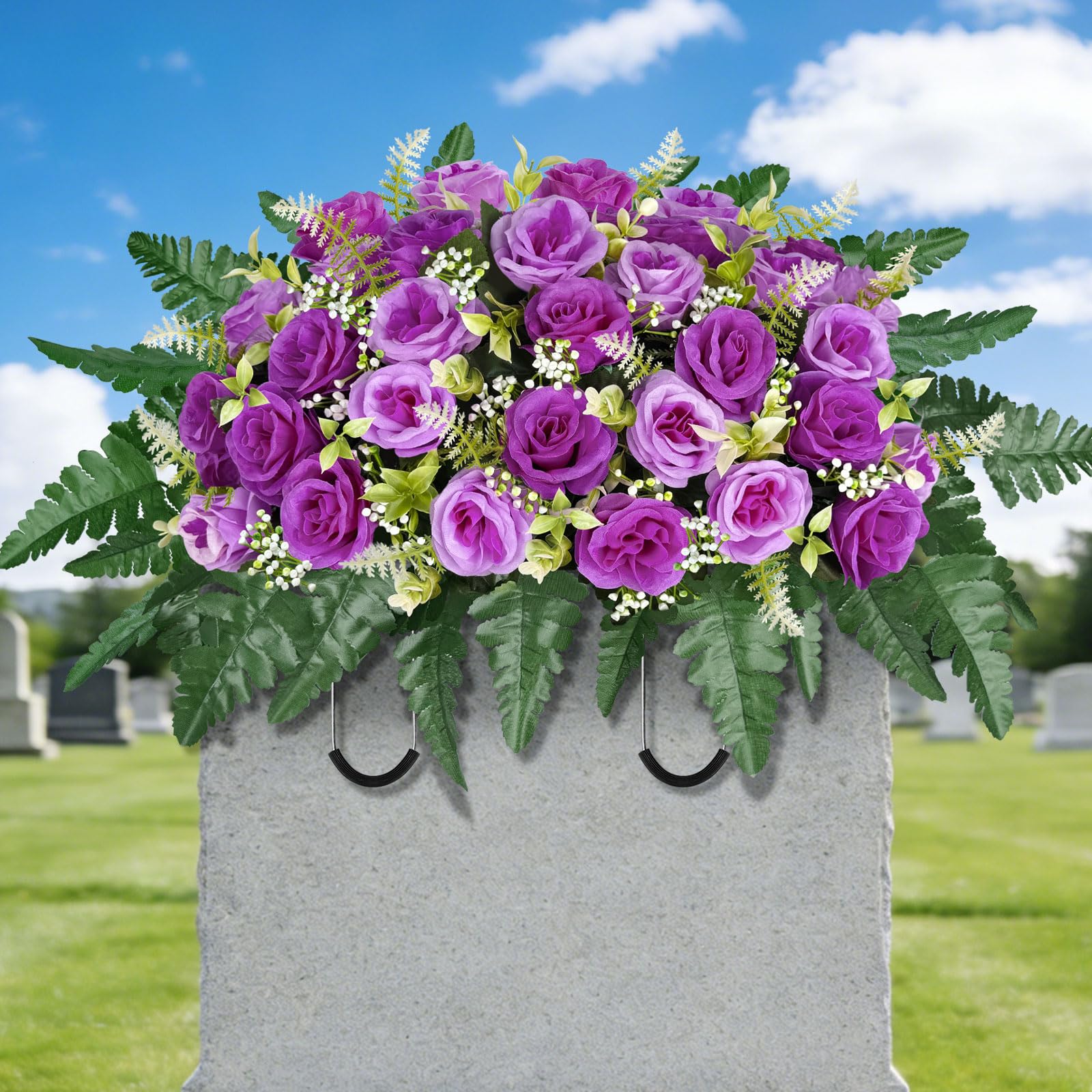ICX Cemetery Flowers for Grave Saddle, Artificial Rose Memorial Flowers, Headstone Flower Saddle, Cemetery Memorial Flowers for Outdoor Tombstone Decorations for Remberance (Purple image 1