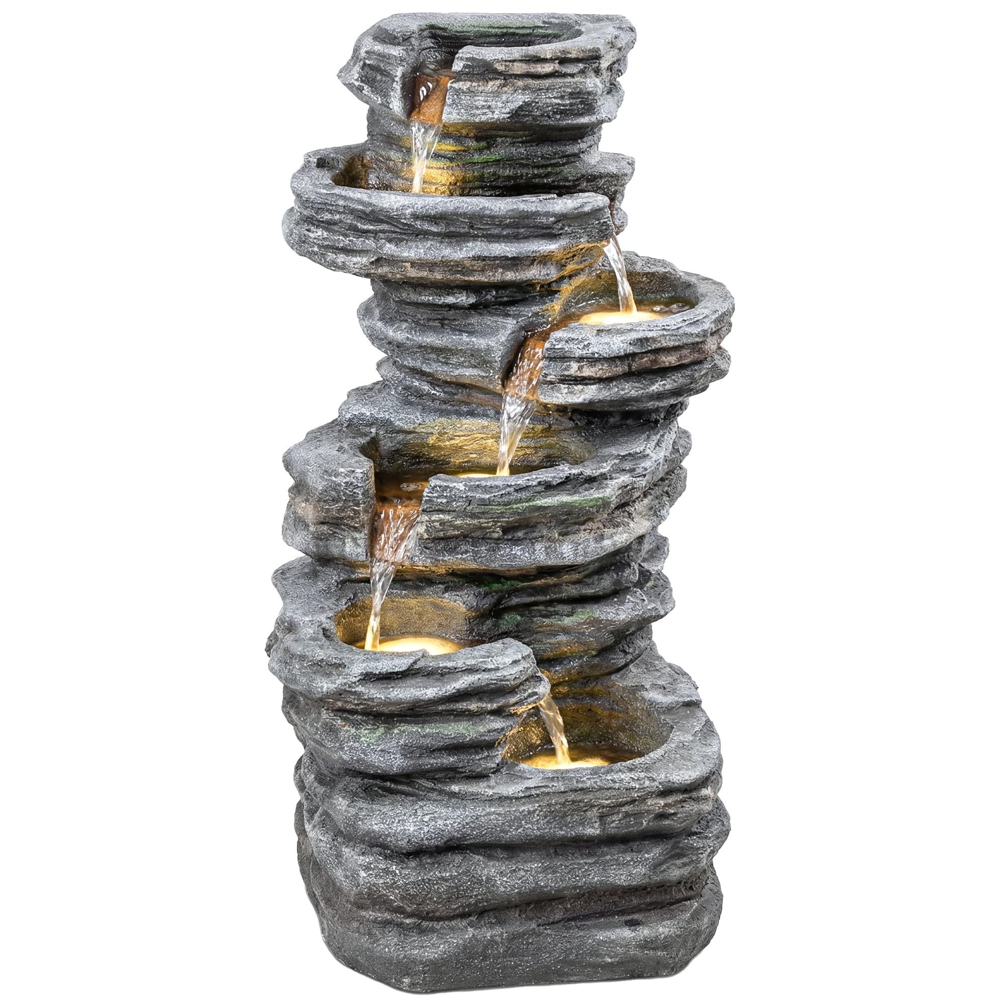 Outsunny Outdoor Fountain with 6-Tier Rock Design, Cascading Waterfall Feature with LED Lights, Resin Freestanding Garden Fountain for Patio Balcony, Grey