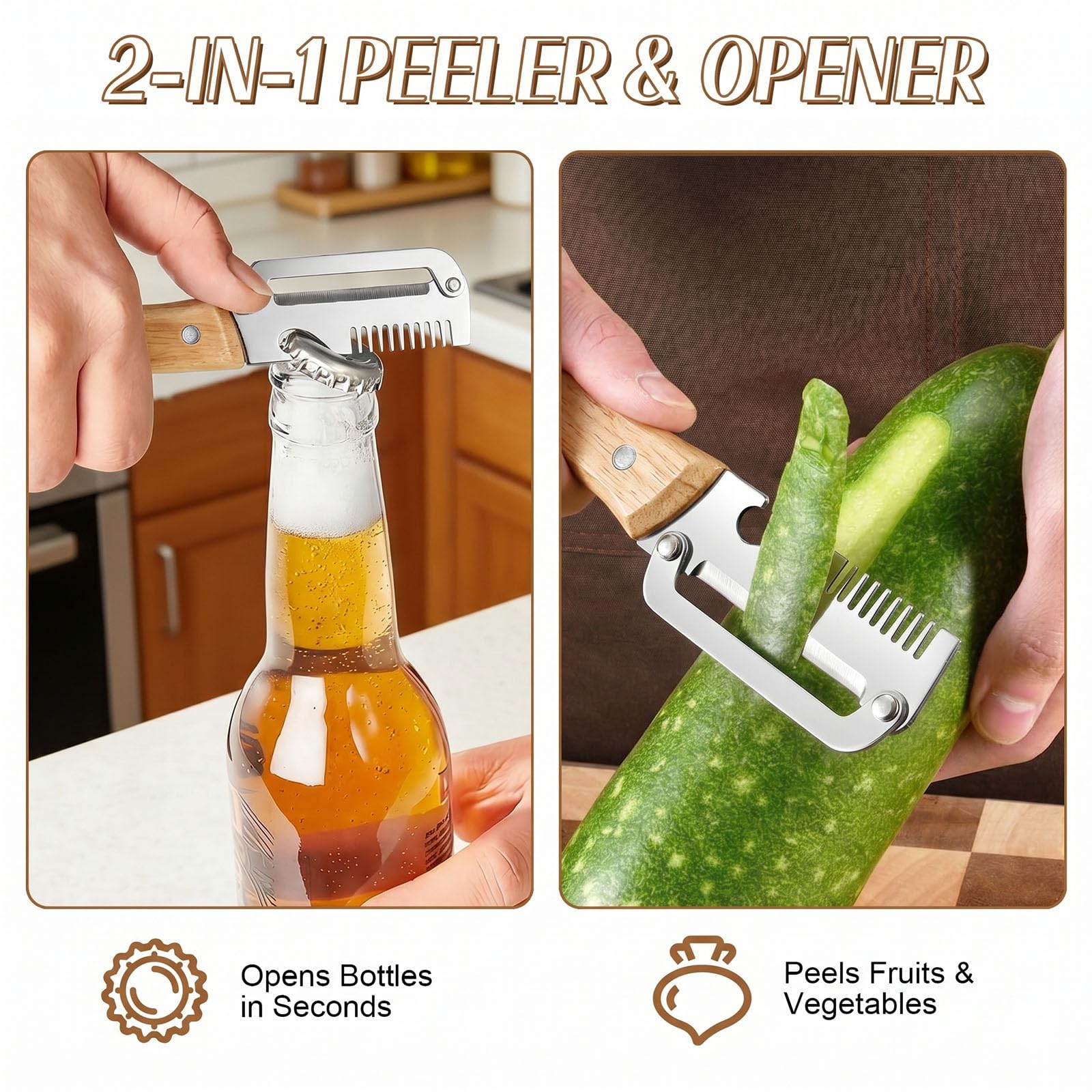3-in-1 Multifunctional Vegetable Peeler, Upgrade Zero Snag Wooden Kitchen Tool, Stainless Steel Peeler with Wooden Handle for Shredding, Opening Bottles, Vegetables, and Fruits (2 pcs) — view 3