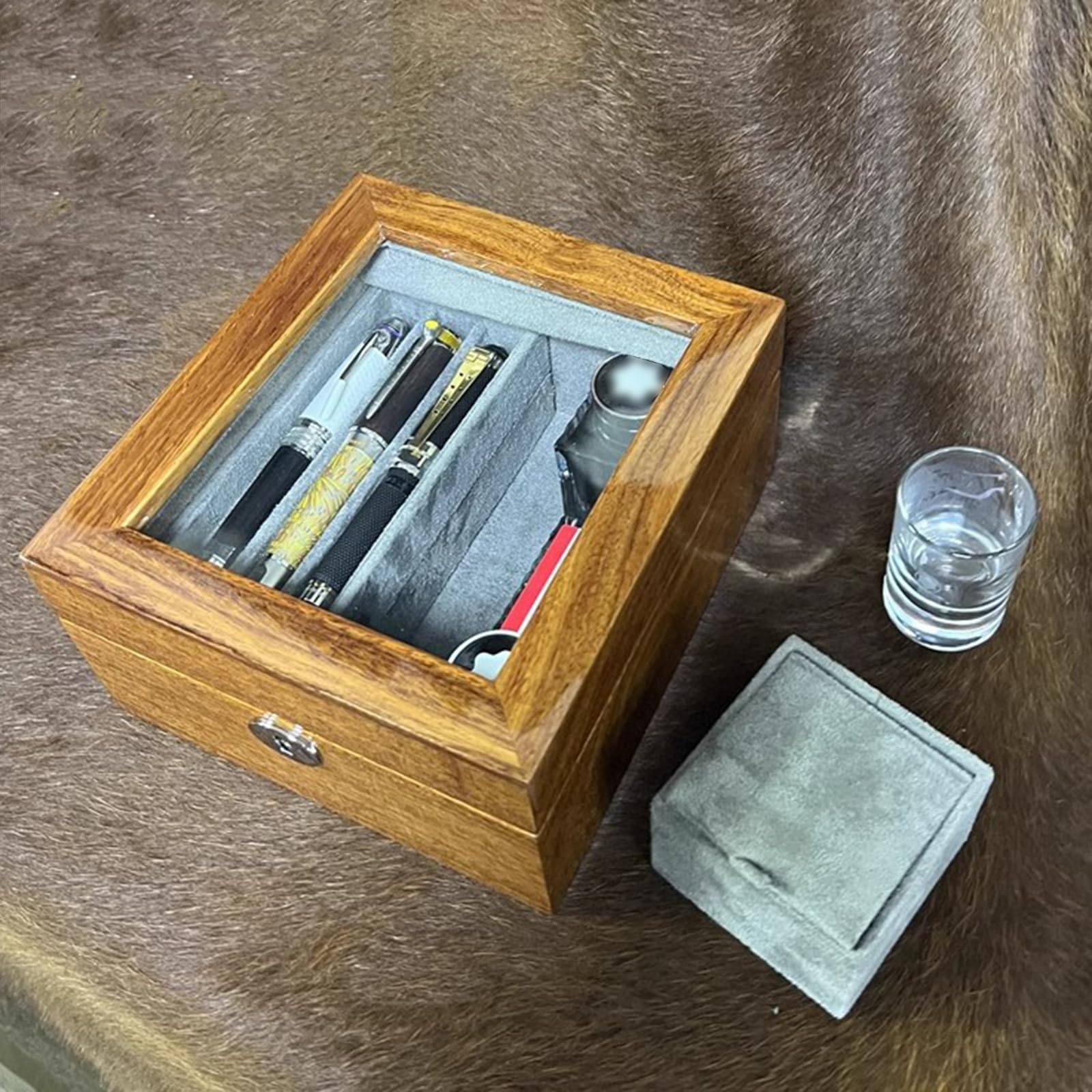 Scatola espositiva per penne in legno, scatola porta penne dal design retrò, 6 scomparti per penne e 2 scomparti per bottiglie d'inchiostro, con finestra in vetro e cassetto, per riporre scatole di pe