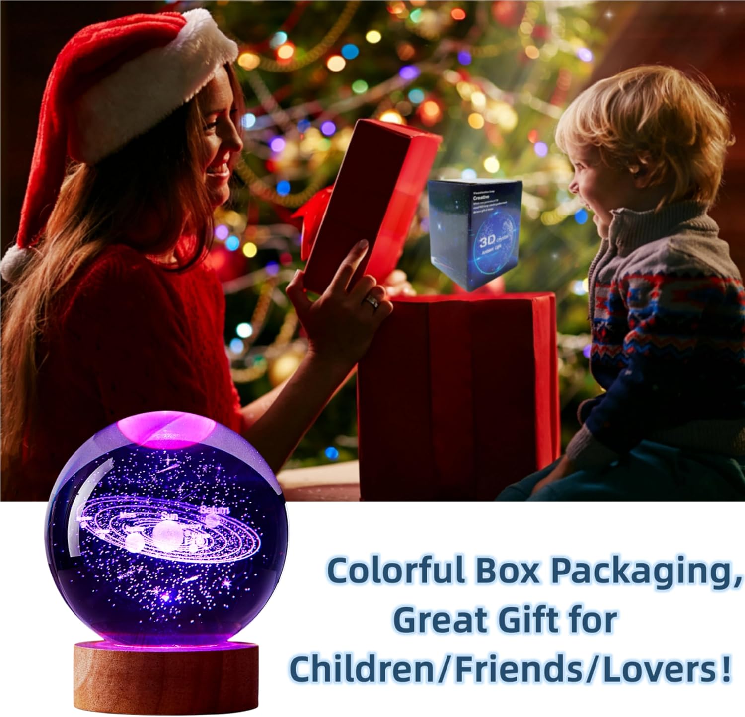 3.15 inch Solar System Crystal Ball lamp,3D K9 Crystal Ball Night Light with Wooden Base,16 Colors Change with Remote Control,Galaxy Light,Birthday Gift for Friends (Solar System) image 4