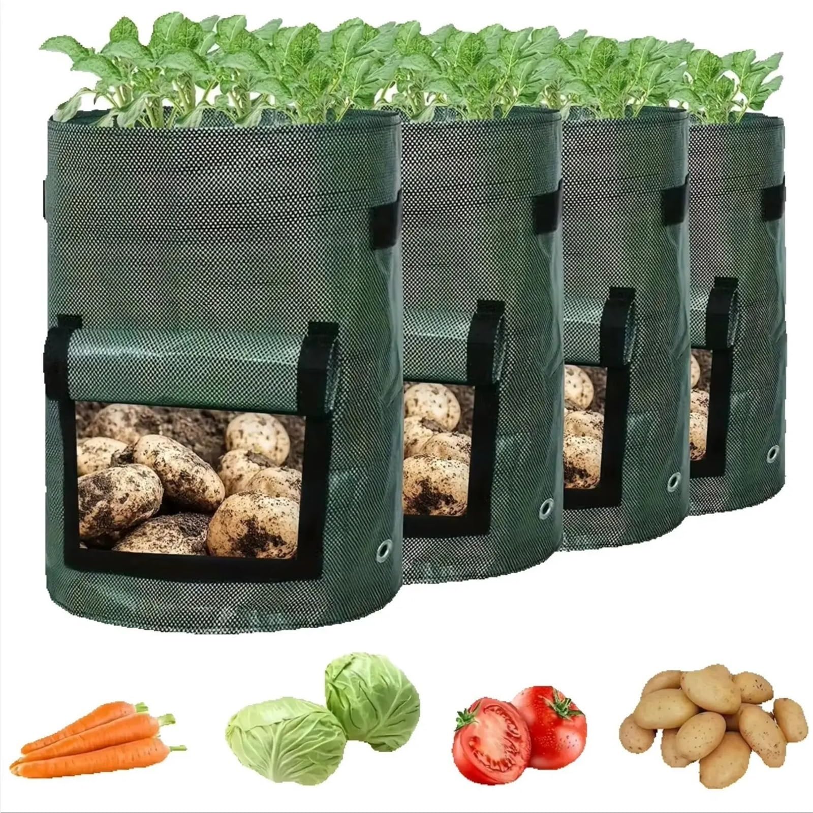 Stofftopf 4er-Pack Kartoffel-Anbaubeutel | Mit Klappdeckel und Griffen for Zwiebeln, Früchte, Tomaten, Karotten