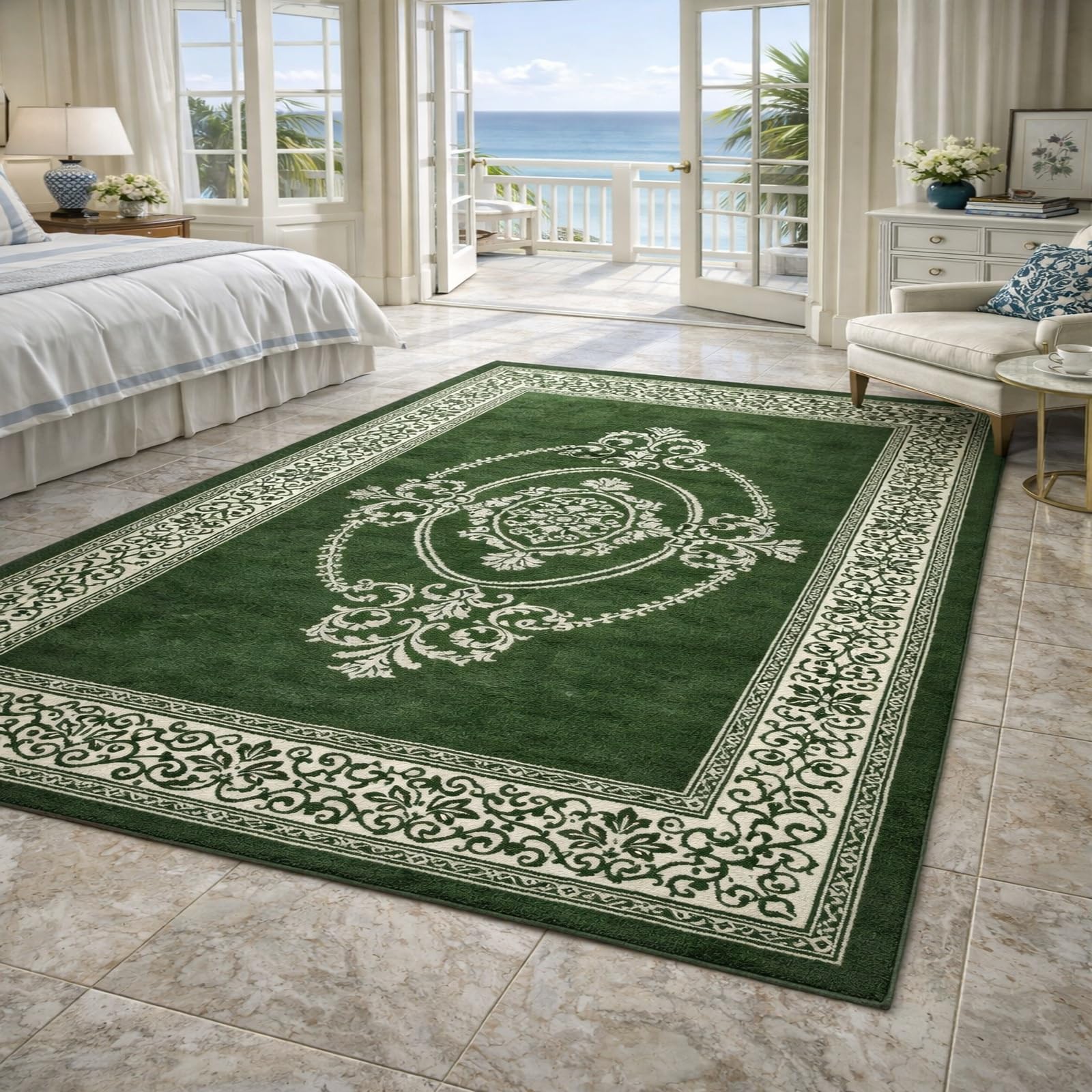 Tapis pour bureau à domicile et chambre blanc et vert vintage 200x250 cm