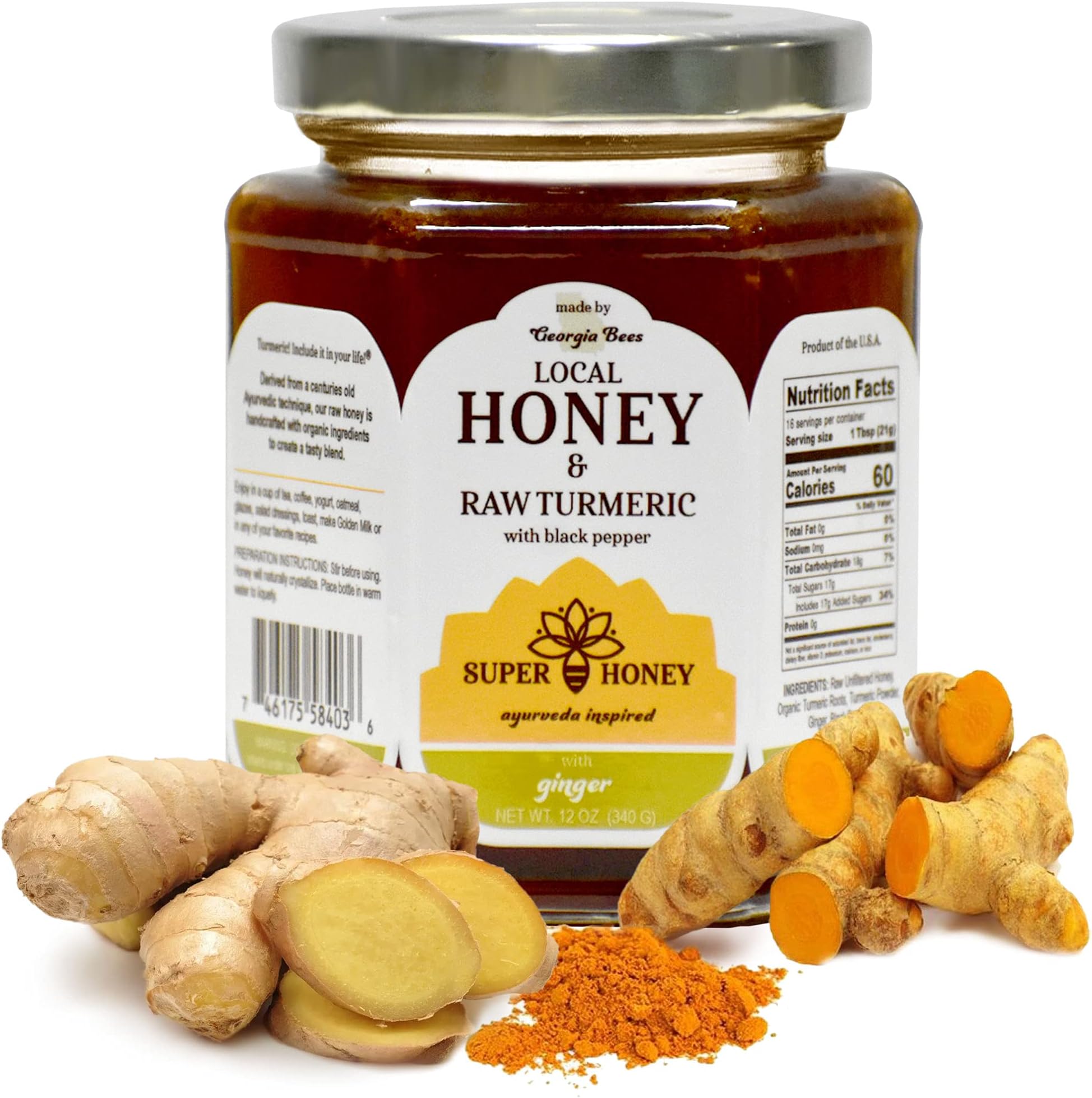 Super Honey - Georgia Honey - Raw Turmeric Honey Plus Turmeric Root, Ginger Root, and Turmeric Powder - 4 Pack - Ayurveda Inspired Pure Honey - 12oz. Jar Plus 1 oz. Organic Ginger Root, 1oz. Organic Turmeric Root & 1oz. Turmeric Powder