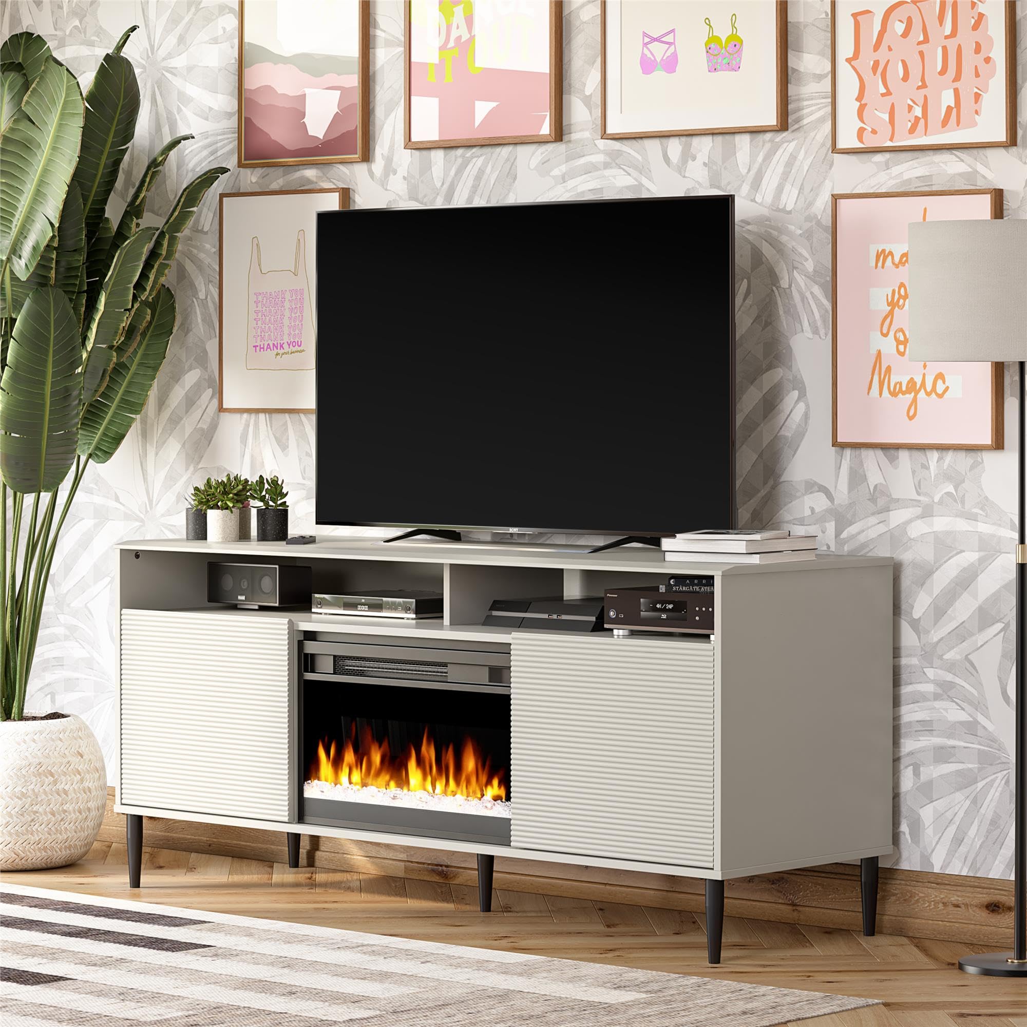 Mr. Kate Daphne Fireplace TV Stand for TVs up to 70 Inch, Replaceable Electric Fireplace Insert Heater, Remote Control, Timer, Color Changing Flames, Crystal Ember Bed, Taupe