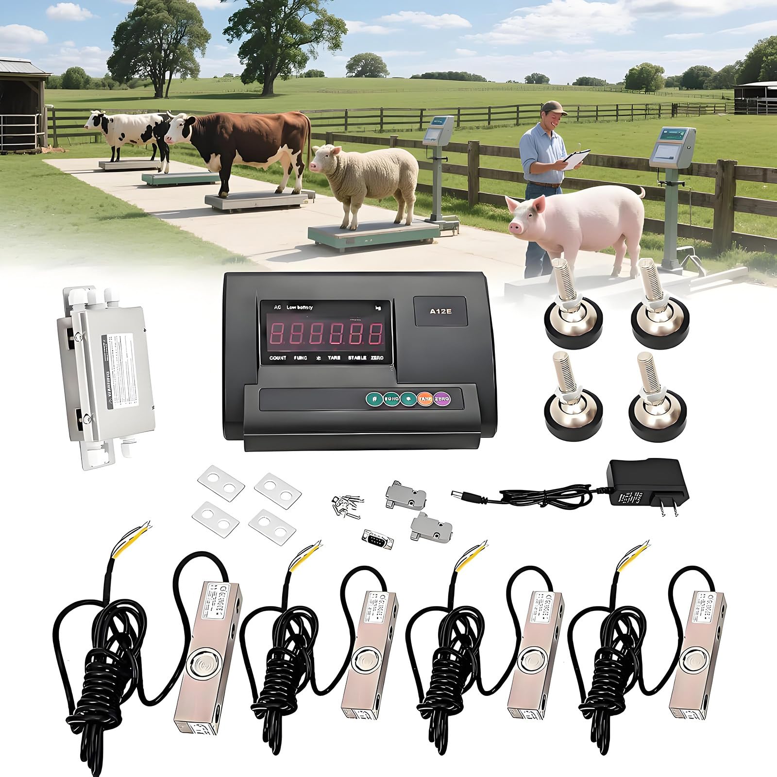Livestock Scale Kit, 5000 kg / 11023 lbs Steel Beam Compression Load Cell Scales Floor Scale Kit for Animals Cattle Goats Pigs Horse Sheep with Weighing Indicator