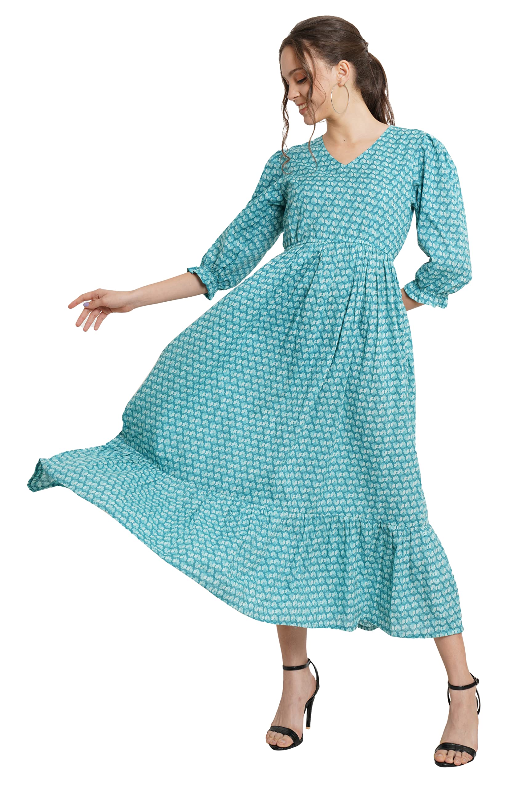 Jaipuri Cotton Printed A-Line Flared Dress for Women