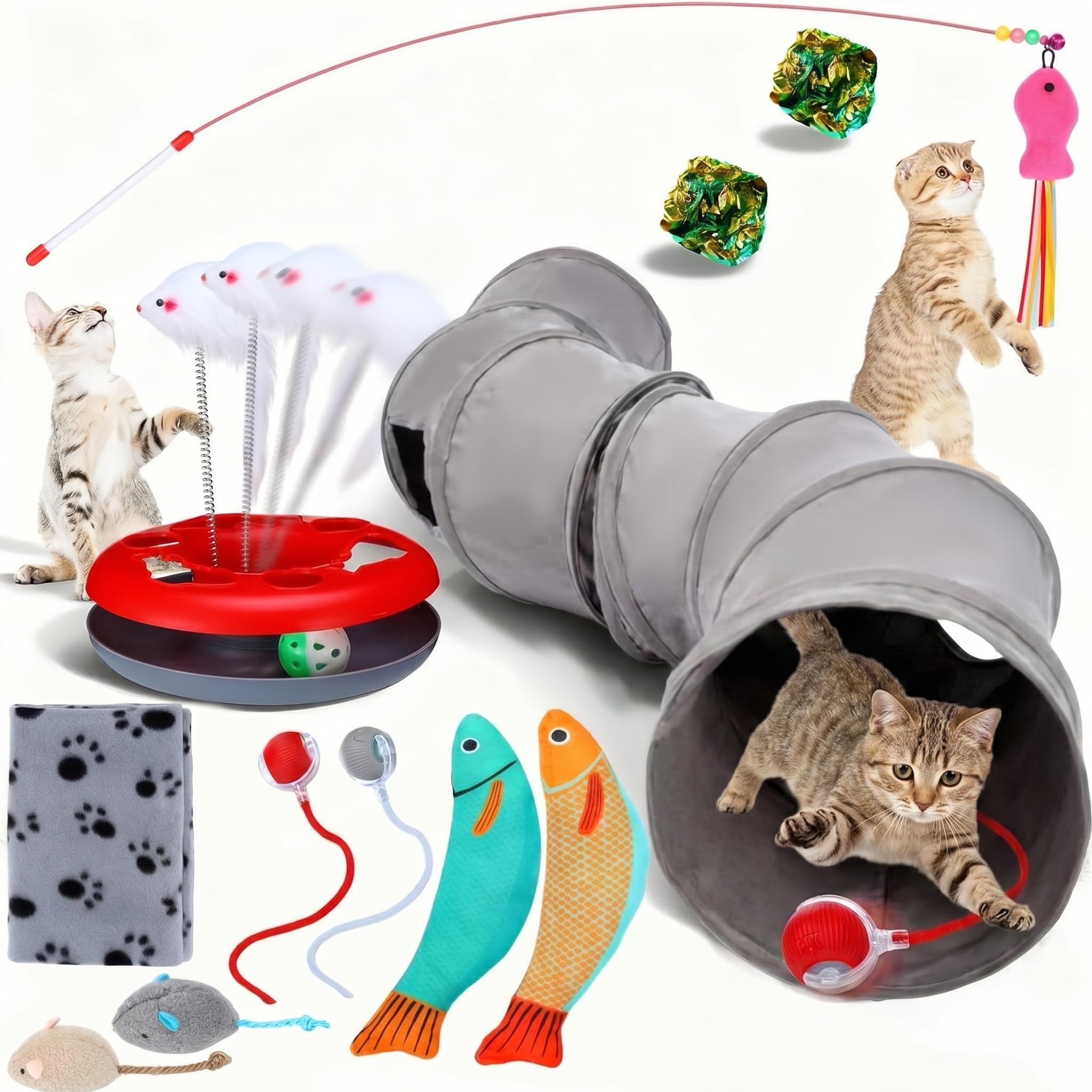 12-teiliges Katzenspielzeug-Set, Katzentunnel, inklusive Stab, Haustierdecke, Drehteller, Spielzeug, Bälle, Mäuse, Fische und Lärm, Papierball, interaktives Kätzchen-Spielzeug-Bundle, 132 x