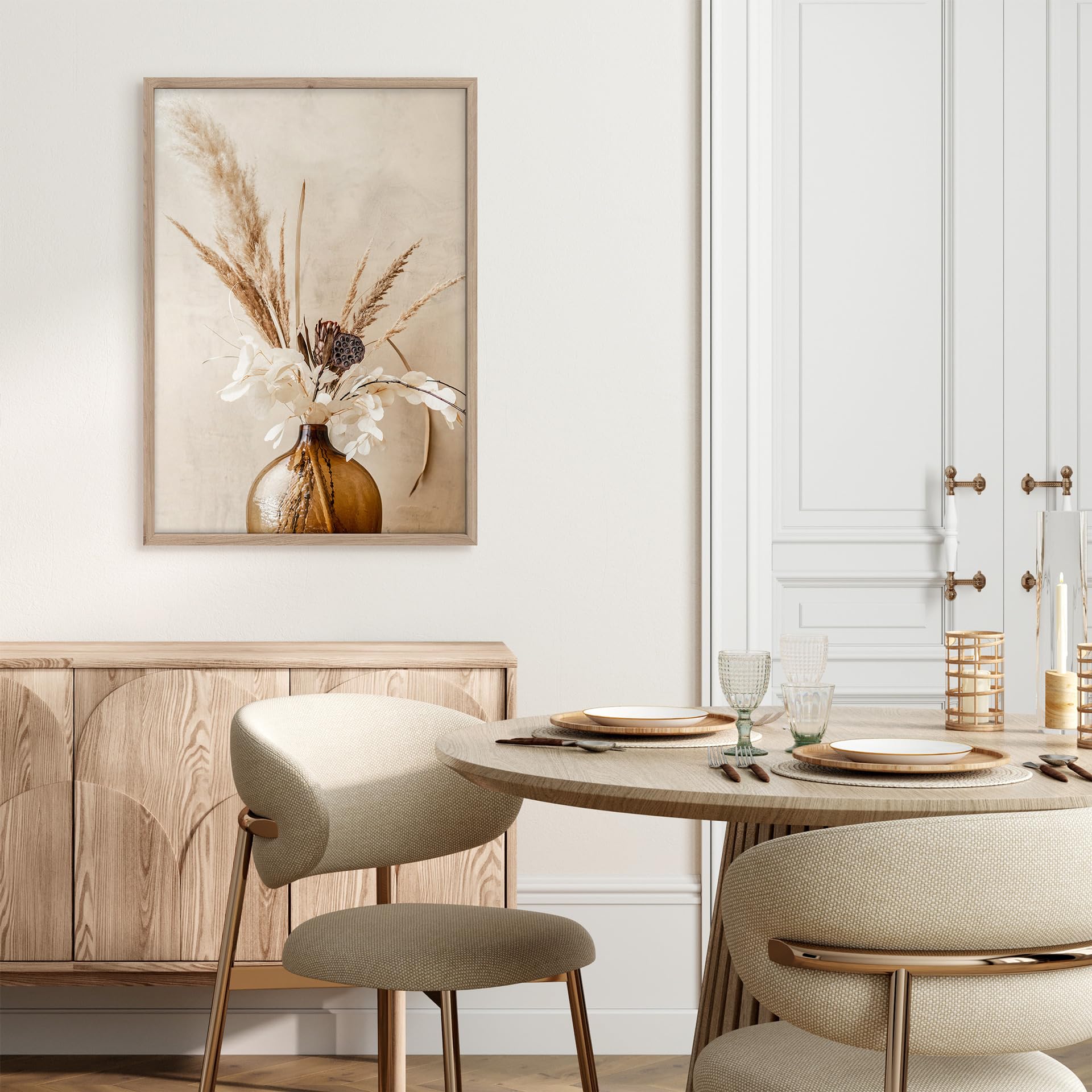 STYLER Tableau Boho Vase 50 x 70 cm avec Cadre en Bois – Herbe de la Pampa & Fleurs Séchées – Tableau Boho Japandi Naturel Beige