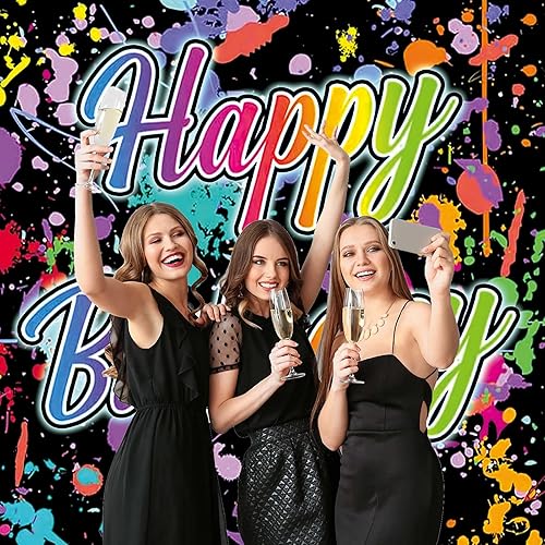 Miniatura 3 de Fondo de decoración de cumpleaños que brilla en la oscuridad, 7 x 5 pies, colorido graffiti salpicadura de pintura de fondo de fiesta de los años 80