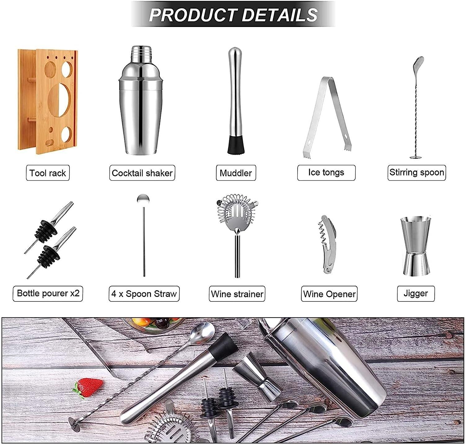 Kit de Cocteleria Kit De Fabricación De Barman De 14 Uds., 750ml, Con Soporte De Madera, Mezclador De Bebidas, Coctelería, Herramienta De Bar, Barra De Casa Juego De Coctelera Para Cócteles(Gold)