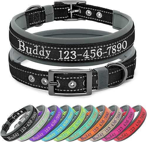 Miniatura 1 de Collar de perro personalizado de nailon con nombre y teléfono bordados, tira reflectante, forro de neopreno suave, hebilla de metal duradera, correa