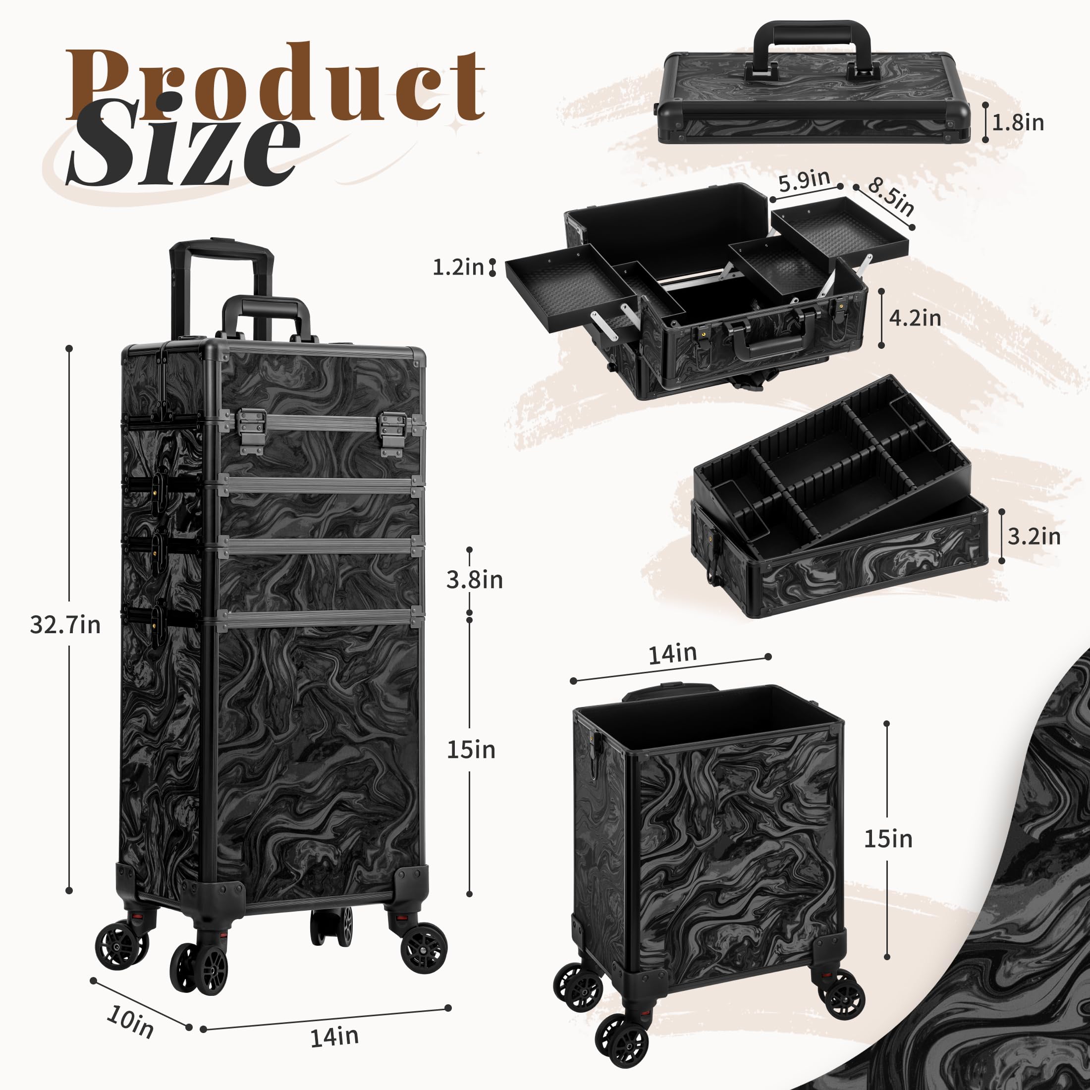 Arous Rolling Makeup Train Case 5 w 1 organizer na wózek kosmetyczny podróżny zamykany salon fryzjer wózek bagażnik z kółkami dla kobiet stylistki fryzur artysty Trave Nail, Czarny atrament, 5 w 1