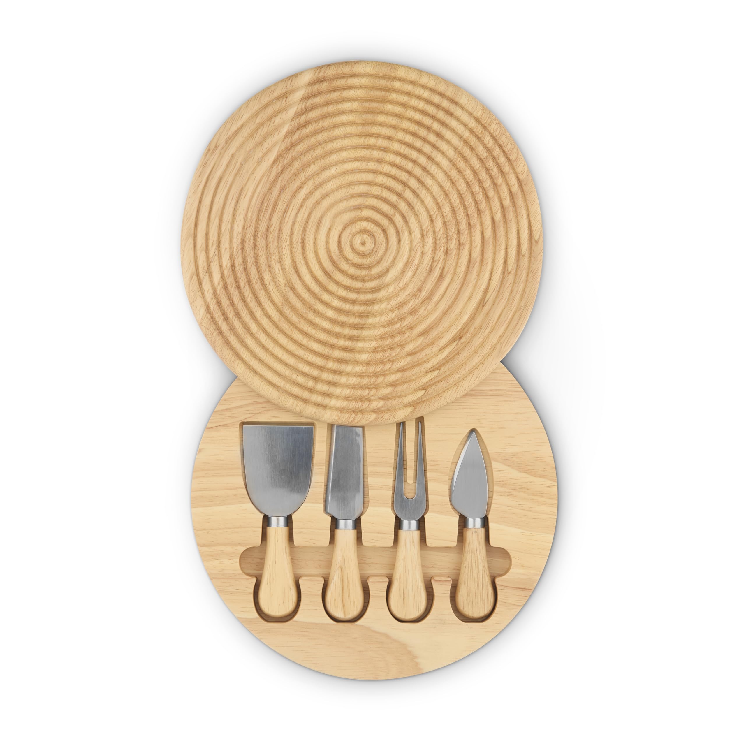 Sur La Table 5pc Cheeseboard Set with 3 Stainless Steel Knives and a Cheese Fork in Concealed Tray, Made from Hevea Wood with FSC Certified Materials, 24.6 x 24.6cm, Natural Wood, SLT847086