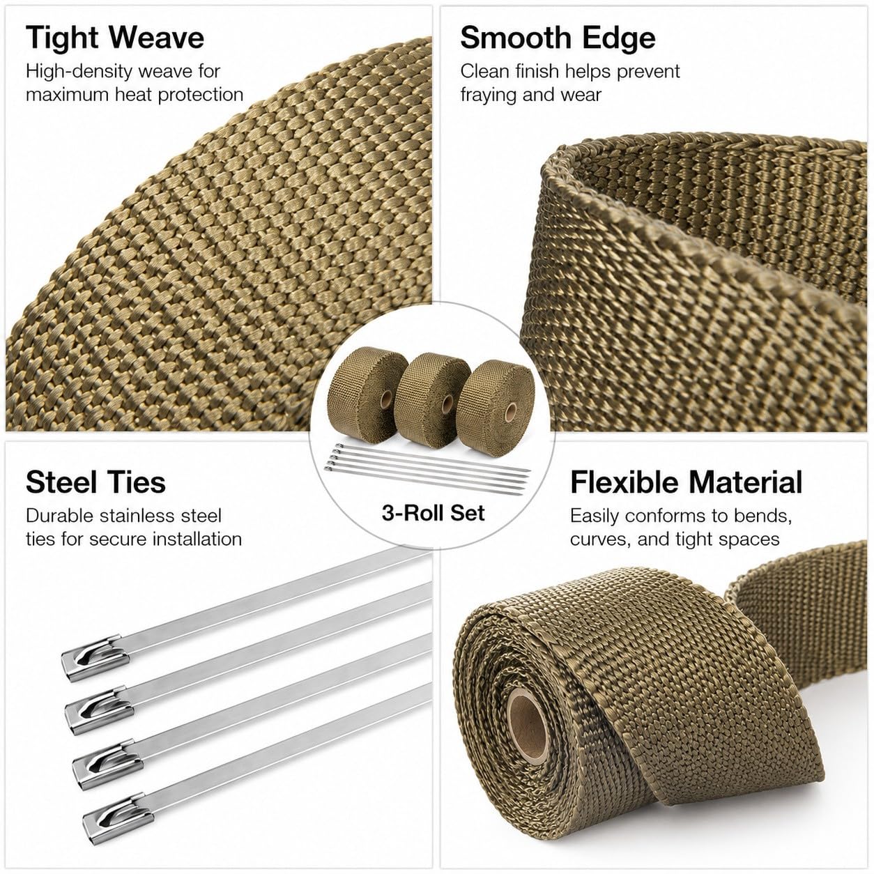 Fascia Termica Scarico, 3 Rotoli, 51 mm x 10 m | Struttura tessuta flessibile per collettori e tubi curvi, con quattro fascette di fissaggio per mantenere l’avvolgimento