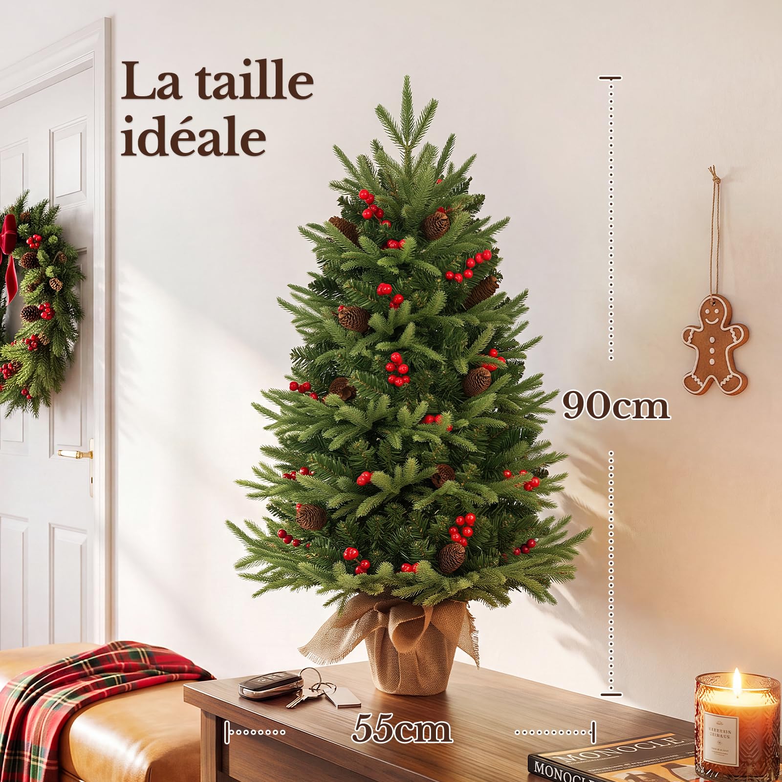 HOKEEPER Sapin de Noël artificiel de 90 cm avec LED et décoration | Sapin, aiguilles vertes en PVC, mini sapin de Noël, pommes de pin et baies, entièrement décoré
