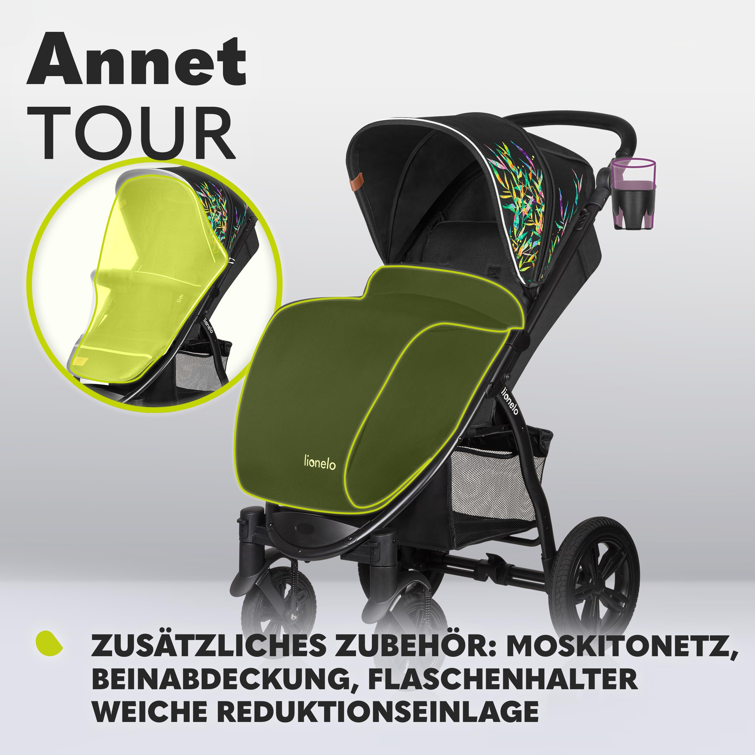 LIONELO Annet Buggy bis 22 kg mit Liegefunktion, Kinderwagen klein zusammenklappbar mit Zubehör, Eva-Schaum-Räder, Moskitonetz, Fußdecke Getränkehalter, Korb (Dreamin, Tour)
