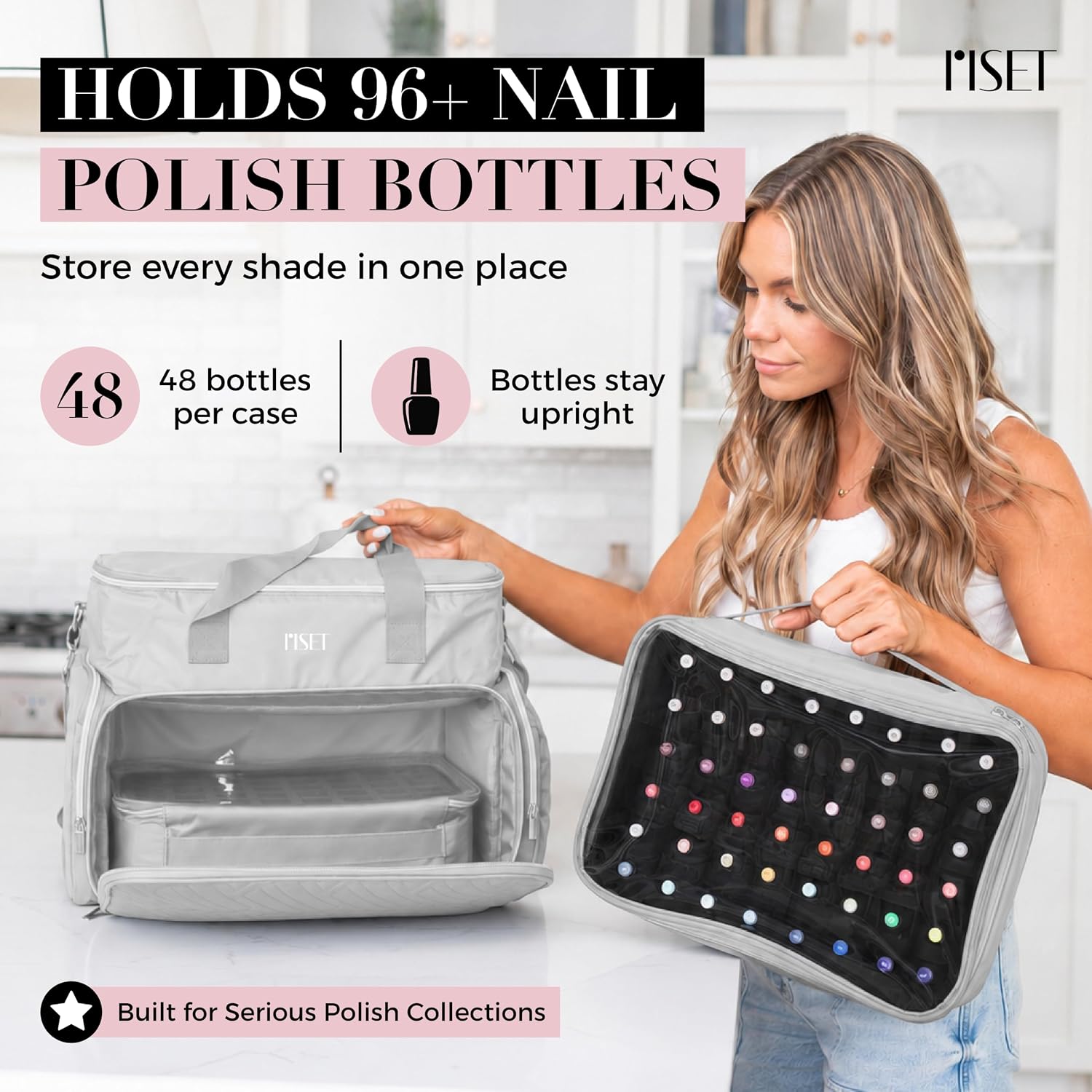 Nail Polish Organizer Case - Structured Spill-Proof Travel Bag with Reinforced Stitching, Strong Zippers, Removable Dividers - Extra Large Manicurist Storage Box in Luxury Gift-Ready Packaging - Gray image 3