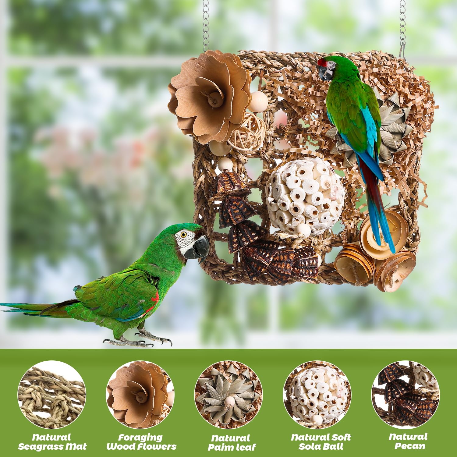 Bird Foraging Wall Toy, Seagrass Woven Climbing Hammock Mat with Chewing Toys,Parrot Shredding Hanging Toys for Cockatiel Lovebird Parakeet Budgie Small-Medium Birds (Small) - image 3