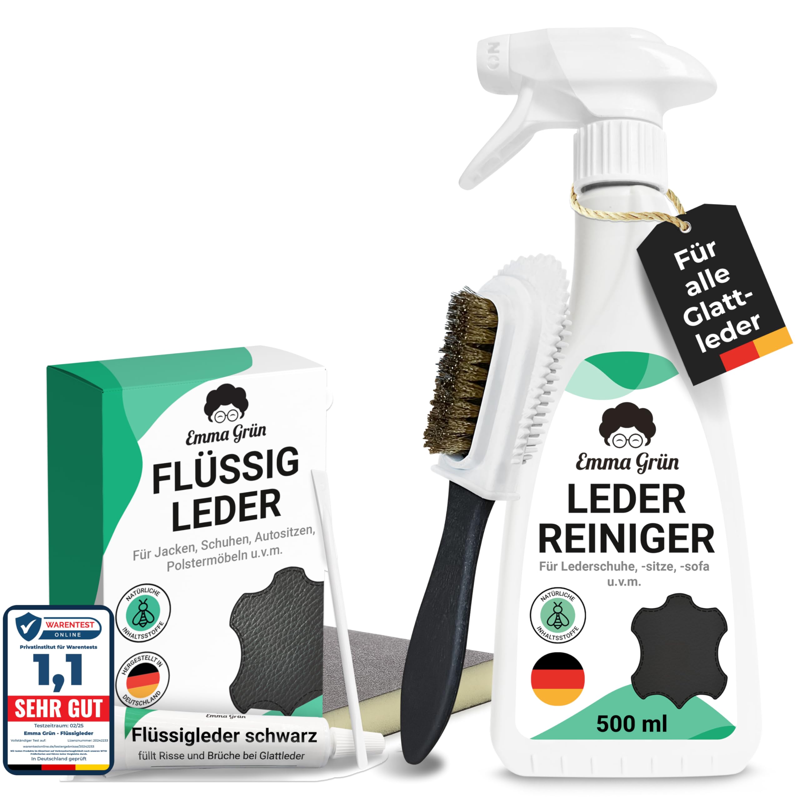 Emma Grün® Flüssigleder Reparatur Set Schwarz [507ml] - Lederreiniger & Leder Kratzer entfernen für Risse & (Brand-) Löcher - Alcantara Reiniger & Kunstleder Reparaturset Made in Germany